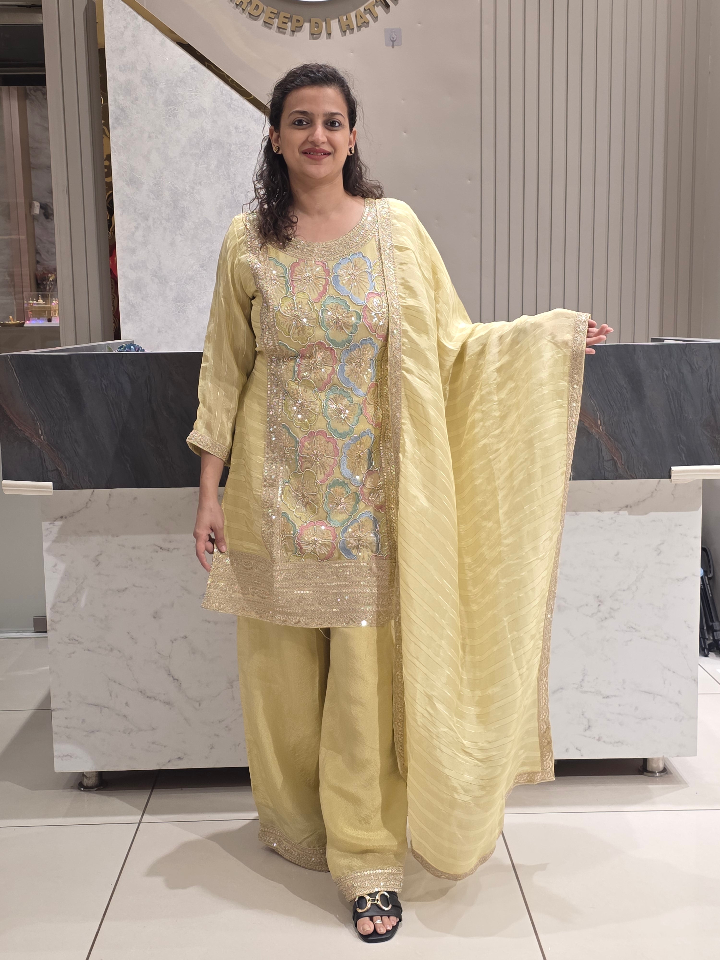 PASTEL YELLOW SHIMMER HANDWORK PARTYWEAR PLAZZO SUIT