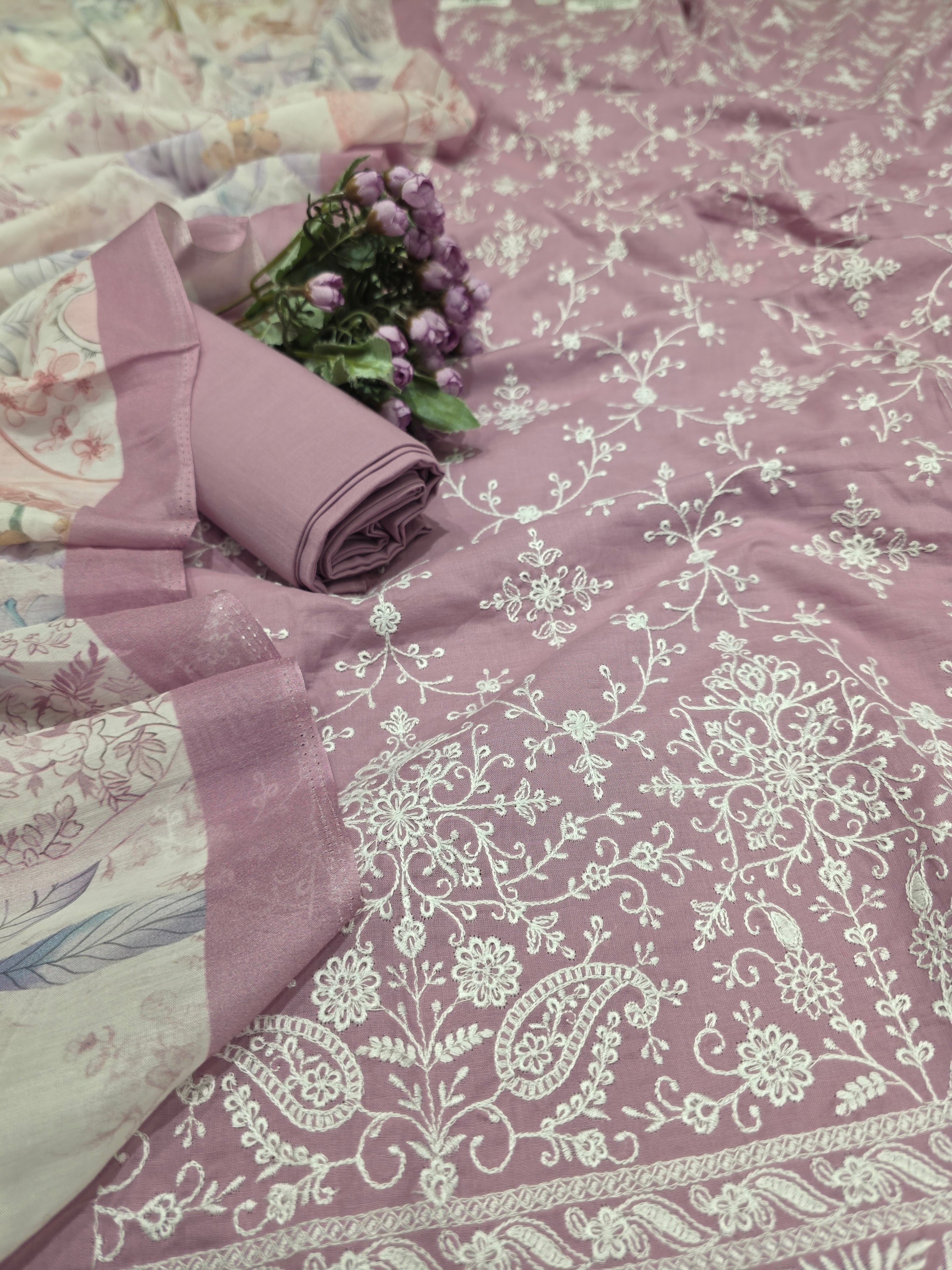 LAKHNAVI STYLE WHITE THREAD UNSTITCHED SUIT