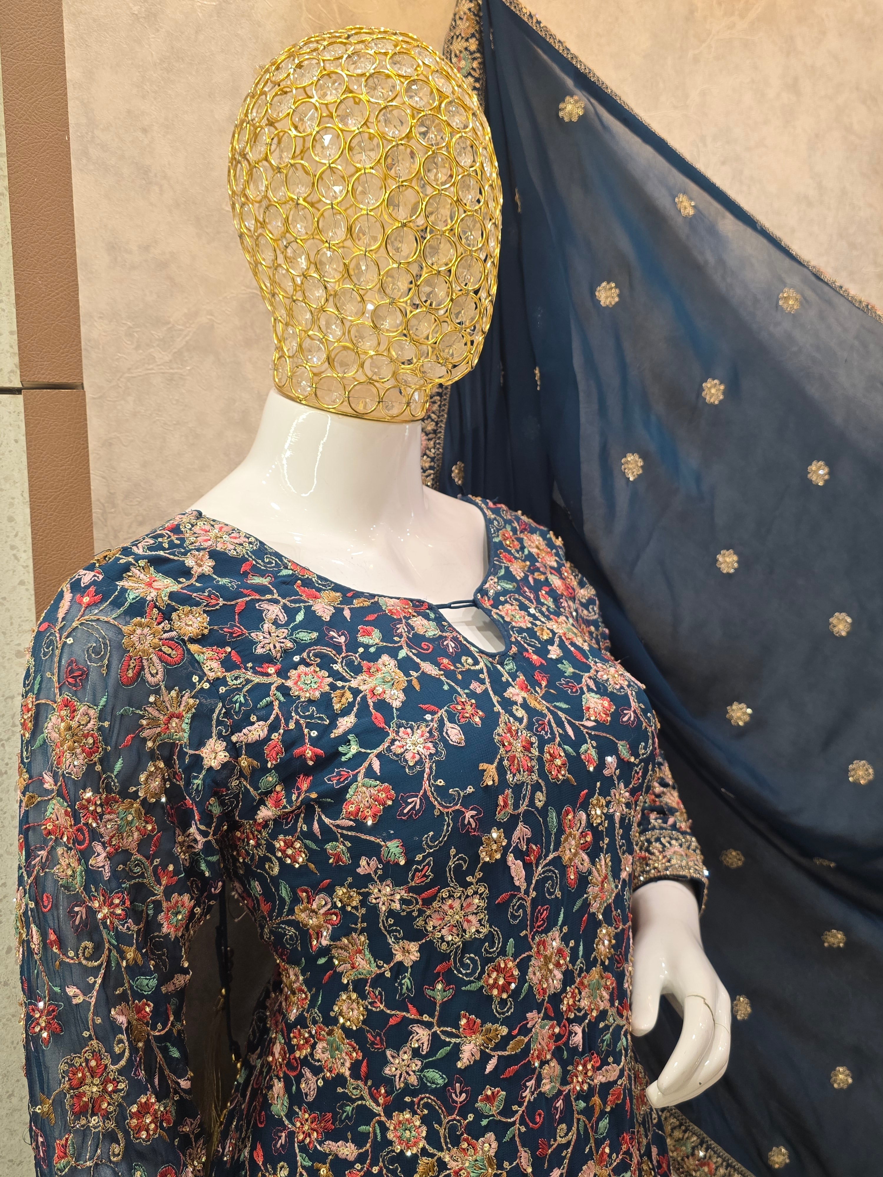 NAVY HEAVY EMBROIDERED SHIRT WITH LEHENGA