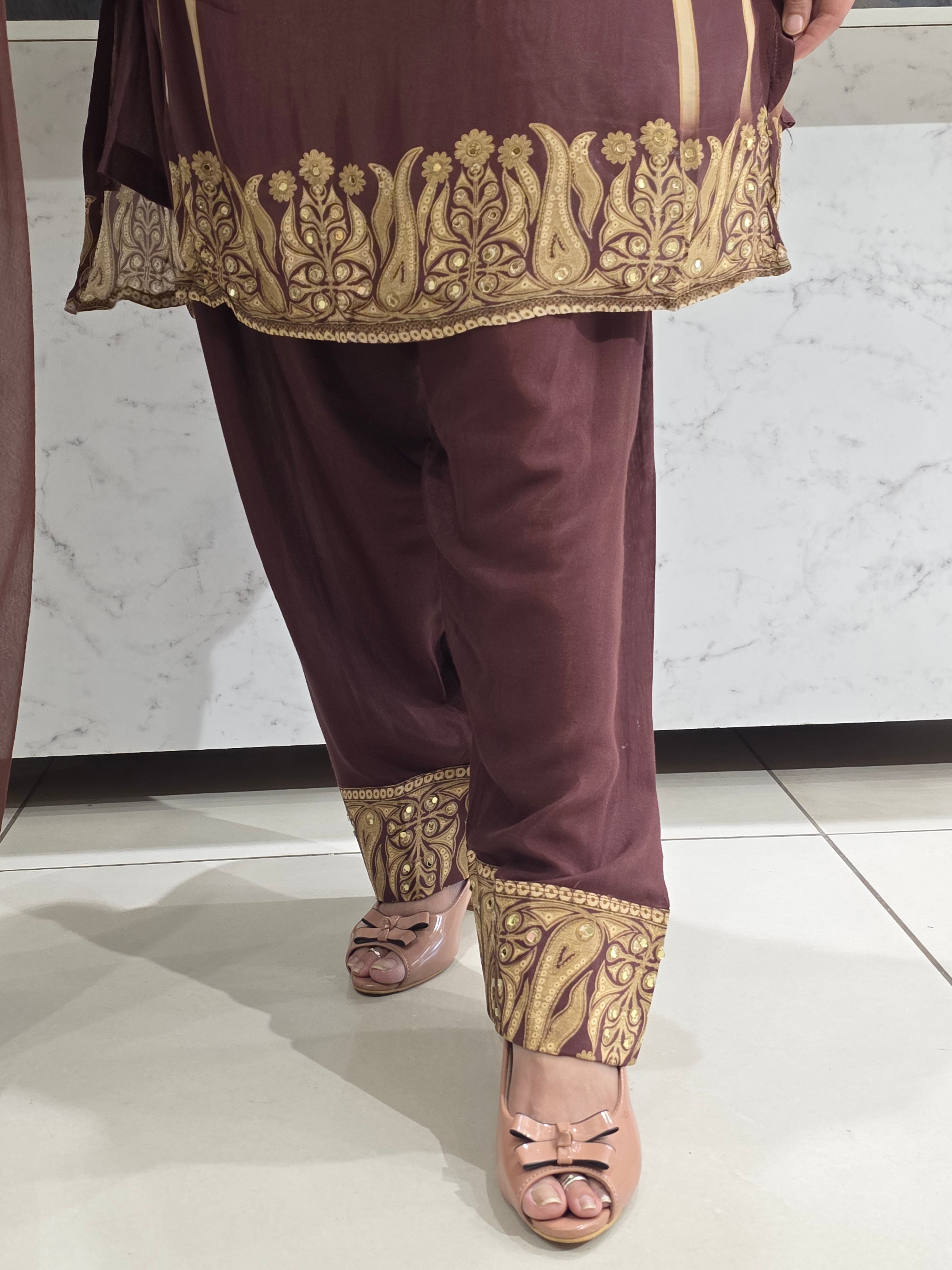RUST WINE CREPE FARSHI SALWAR READYMADE SUIT