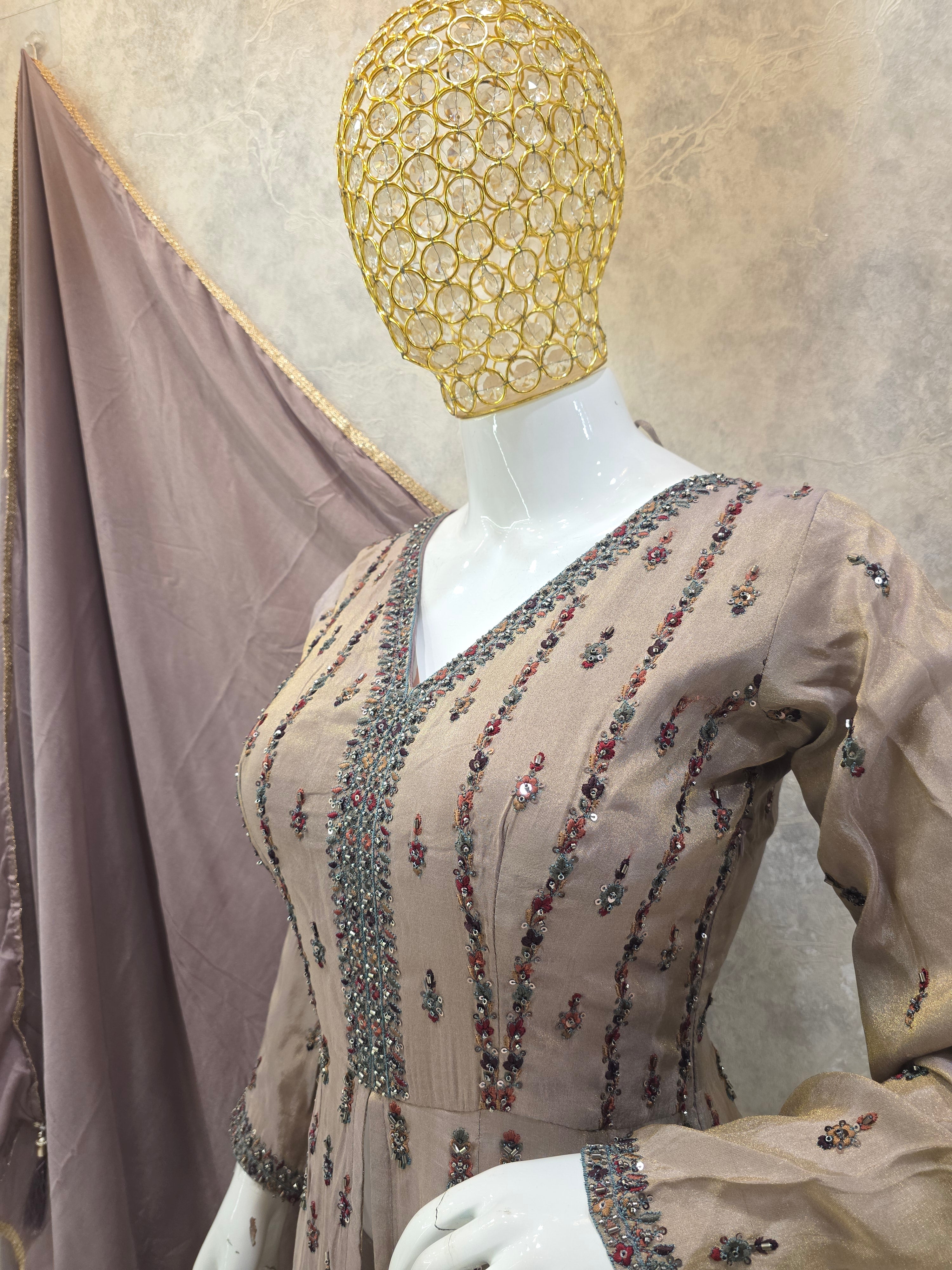 MAUVE FRONT CUT HANDWORK FROCK SUIT