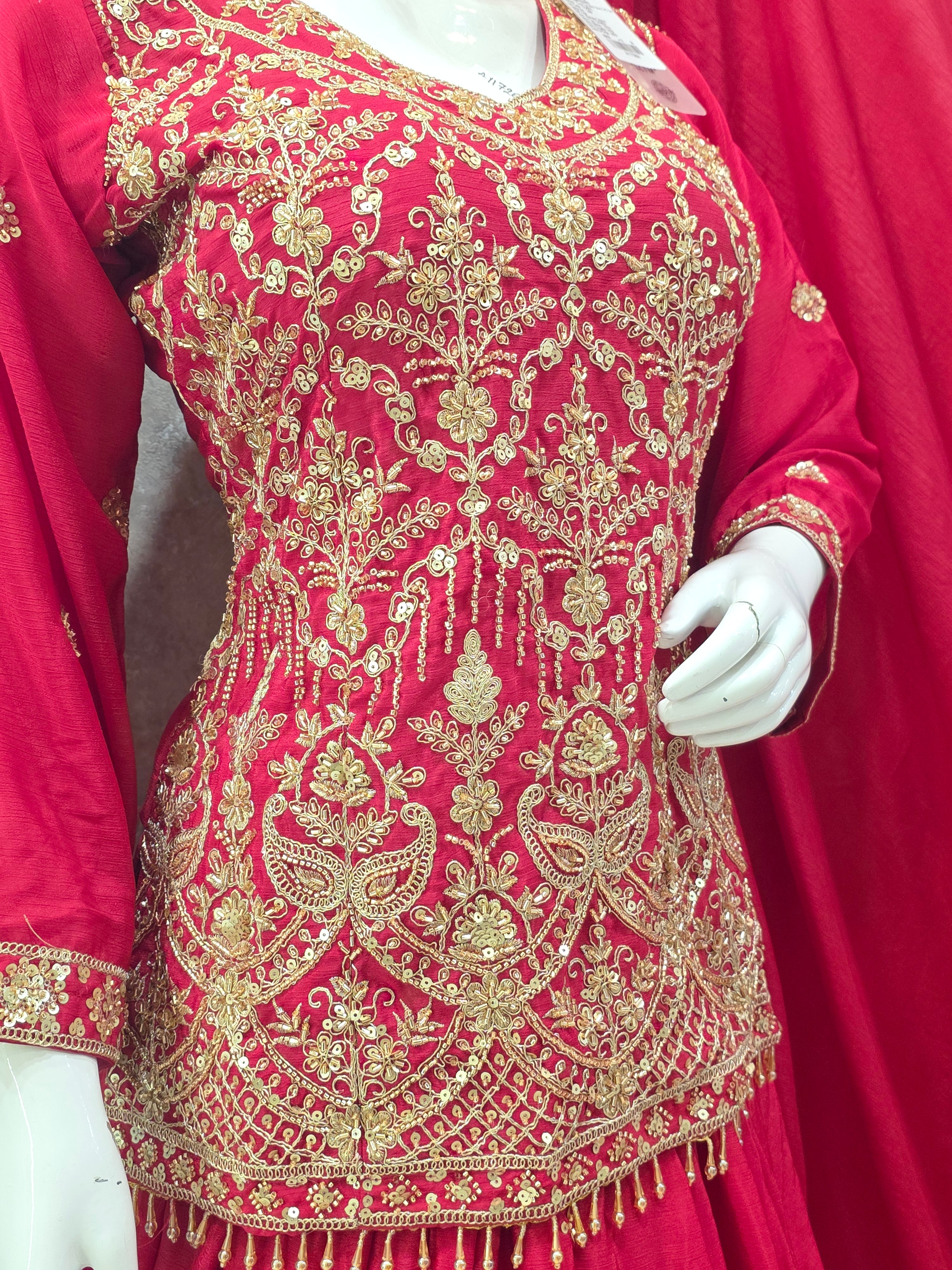 MAGENTA EMBROIDERED SHIRT WITH LEHENGA
