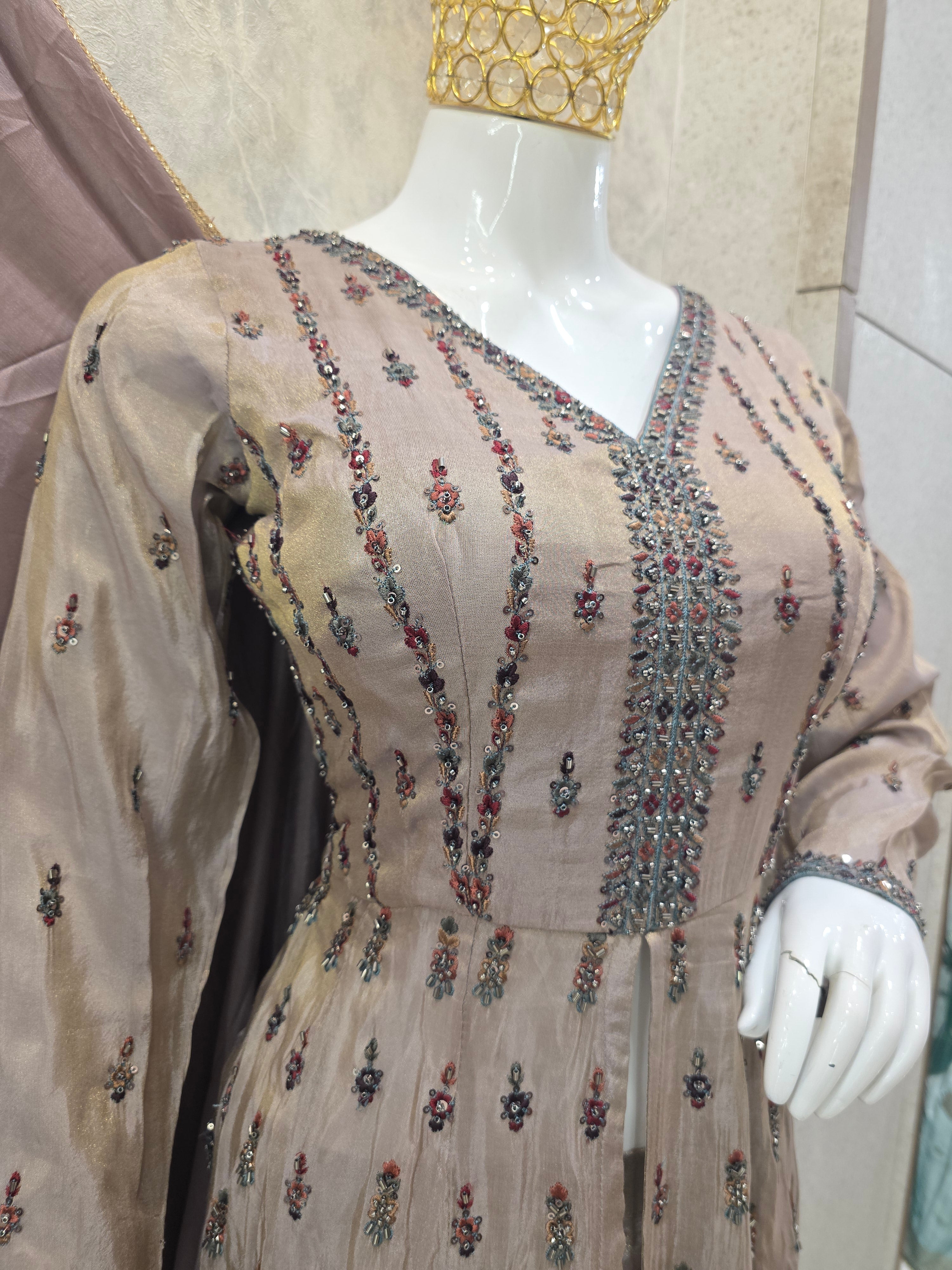 MAUVE FRONT CUT HANDWORK FROCK SUIT