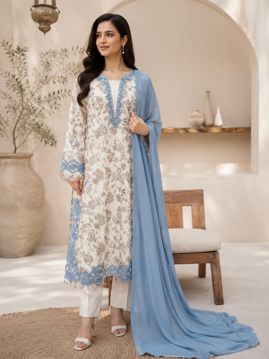 BLACK PRINT & LACEWORK LONG PAKISTANI PLAZZO SUIT