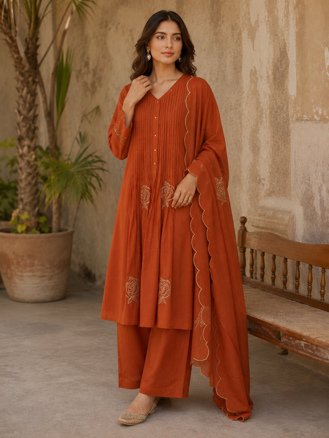 RUST THREAD AND SEQUIN WORK FROCK PLAZZO SUIT