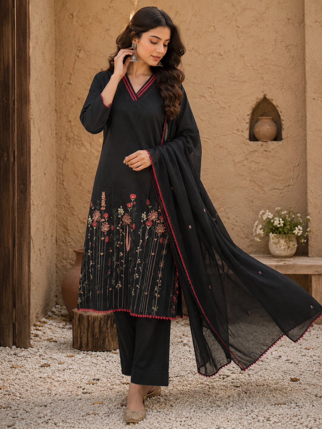 BLACK V-NECK MUL COTTON A-LINE PLAZZO SUIT