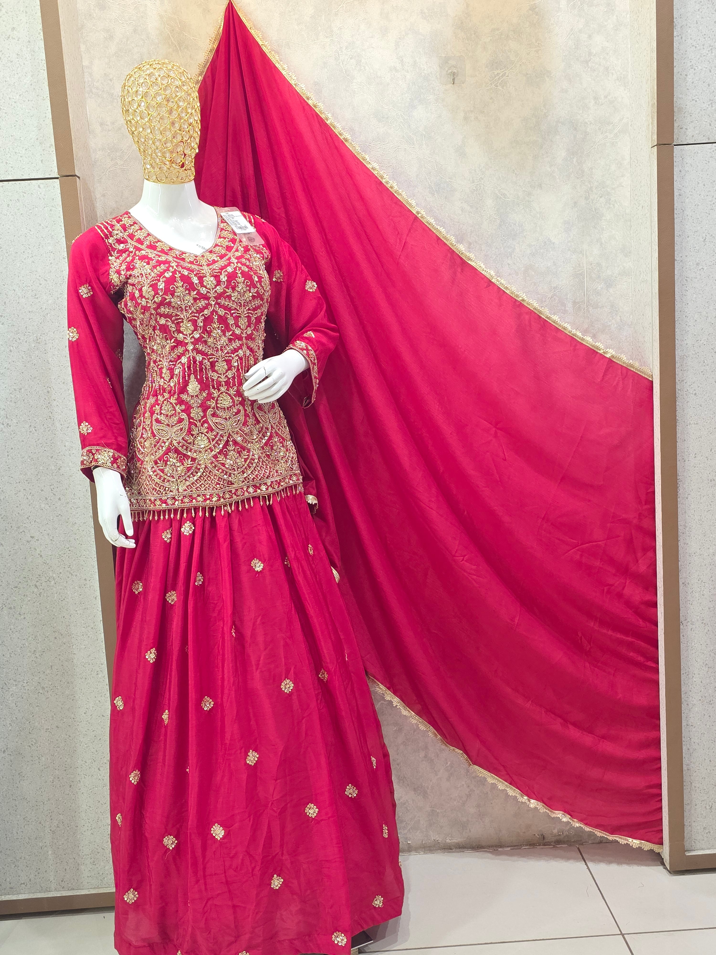 MAGENTA EMBROIDERED SHIRT WITH LEHENGA
