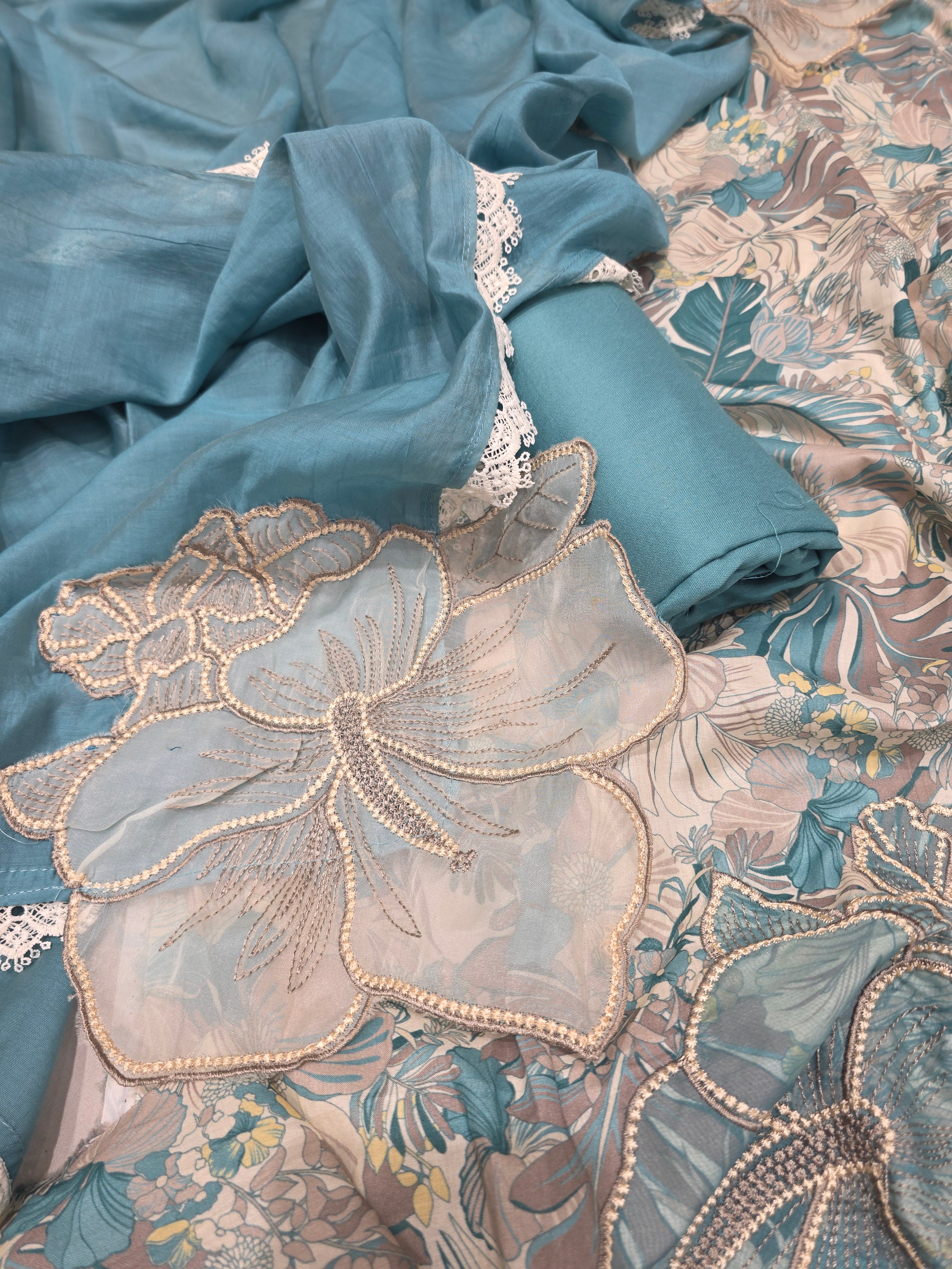 LAZER CUT UNSTITCHED SUIT WITH CONTRAST BOTTOM
