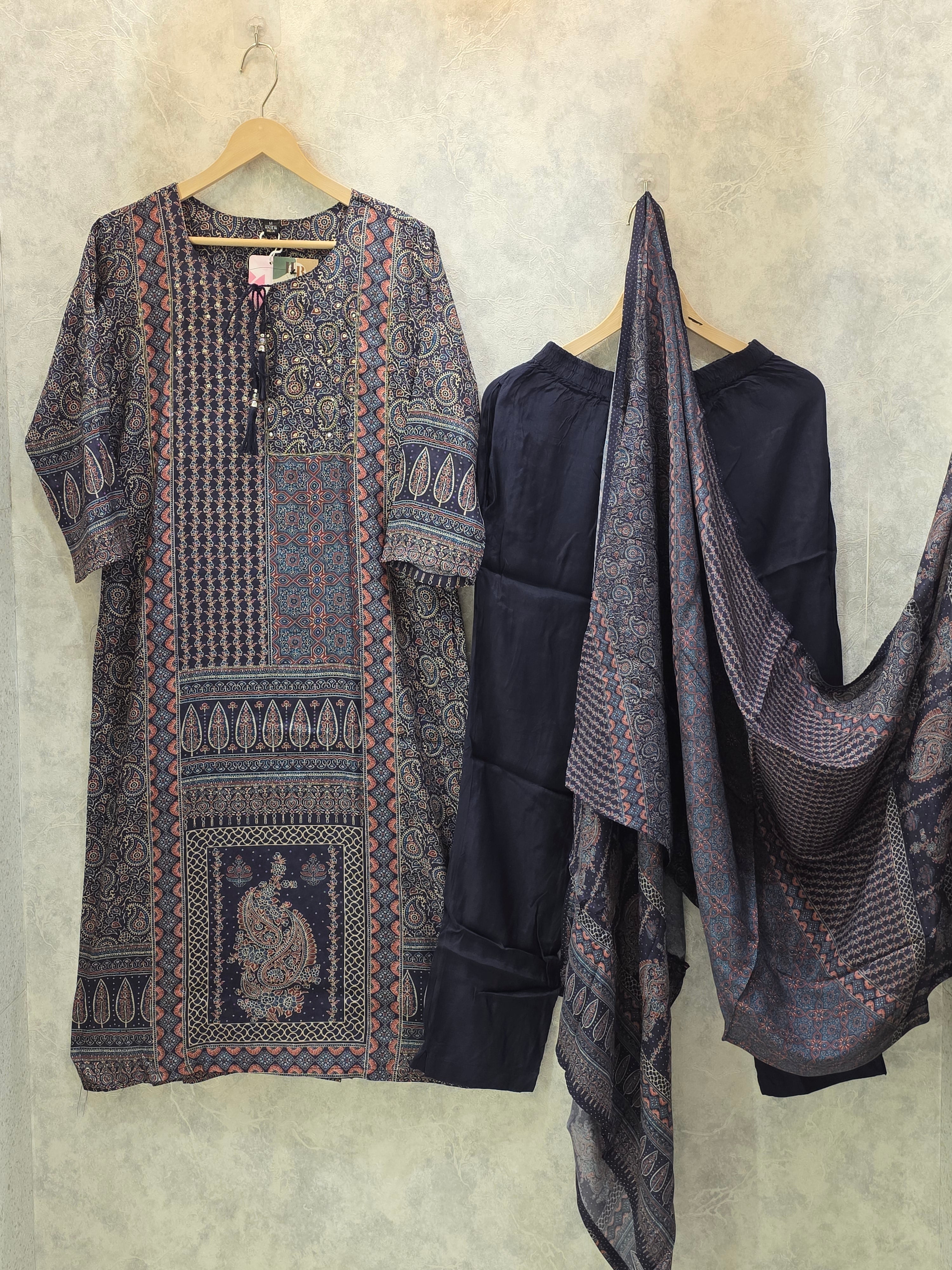 NAVY PRINTED MUSLIN PLAZZO SUIT