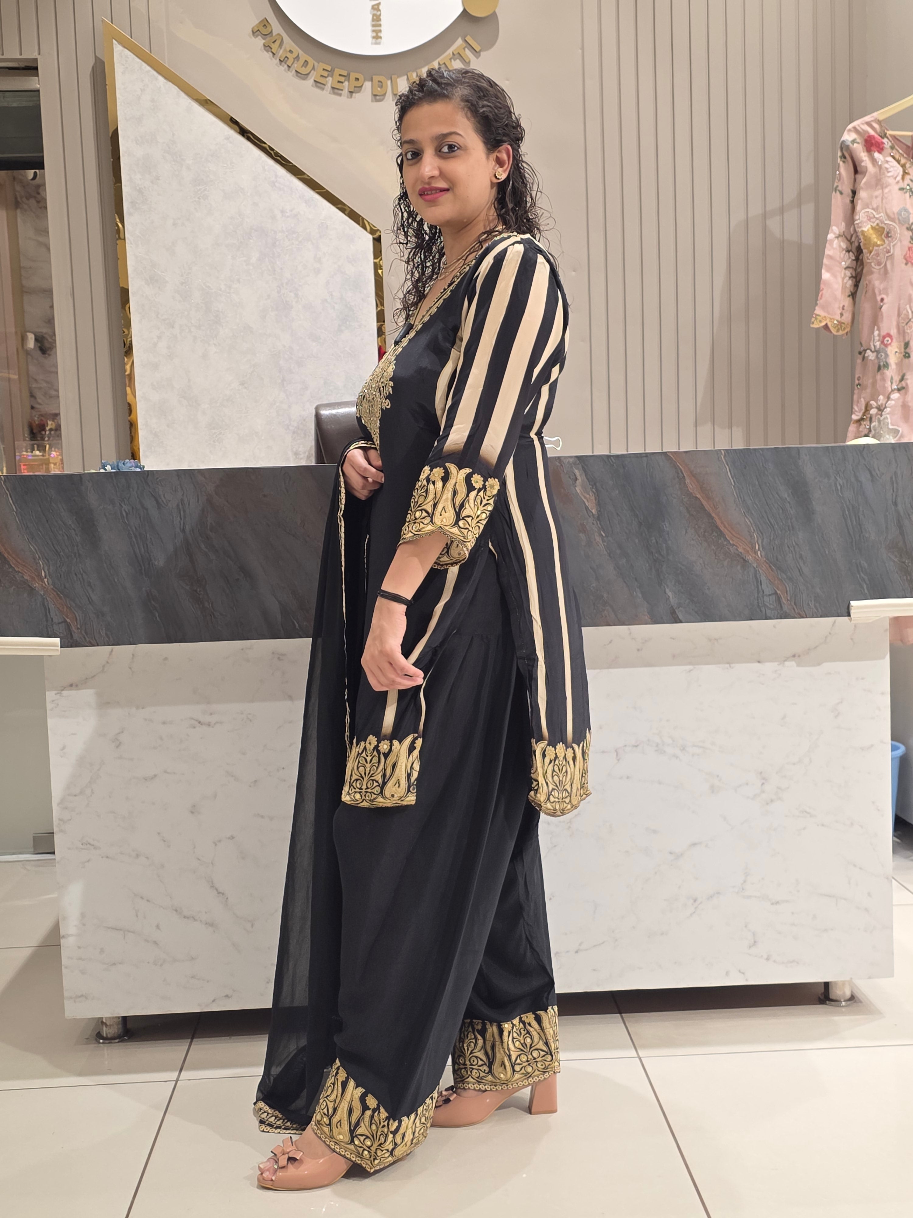 BLACK CREPE FARSHI SALWAR READYMADE SUIT