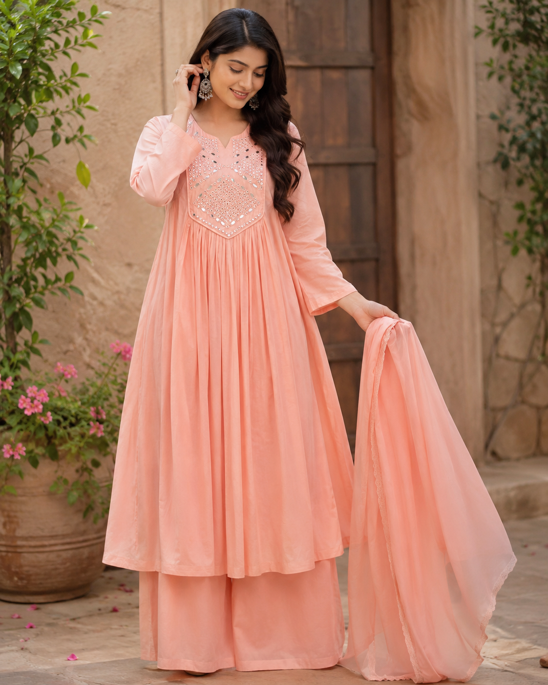 PINK MIRROR WORK FROCK PLAZZO SUIT