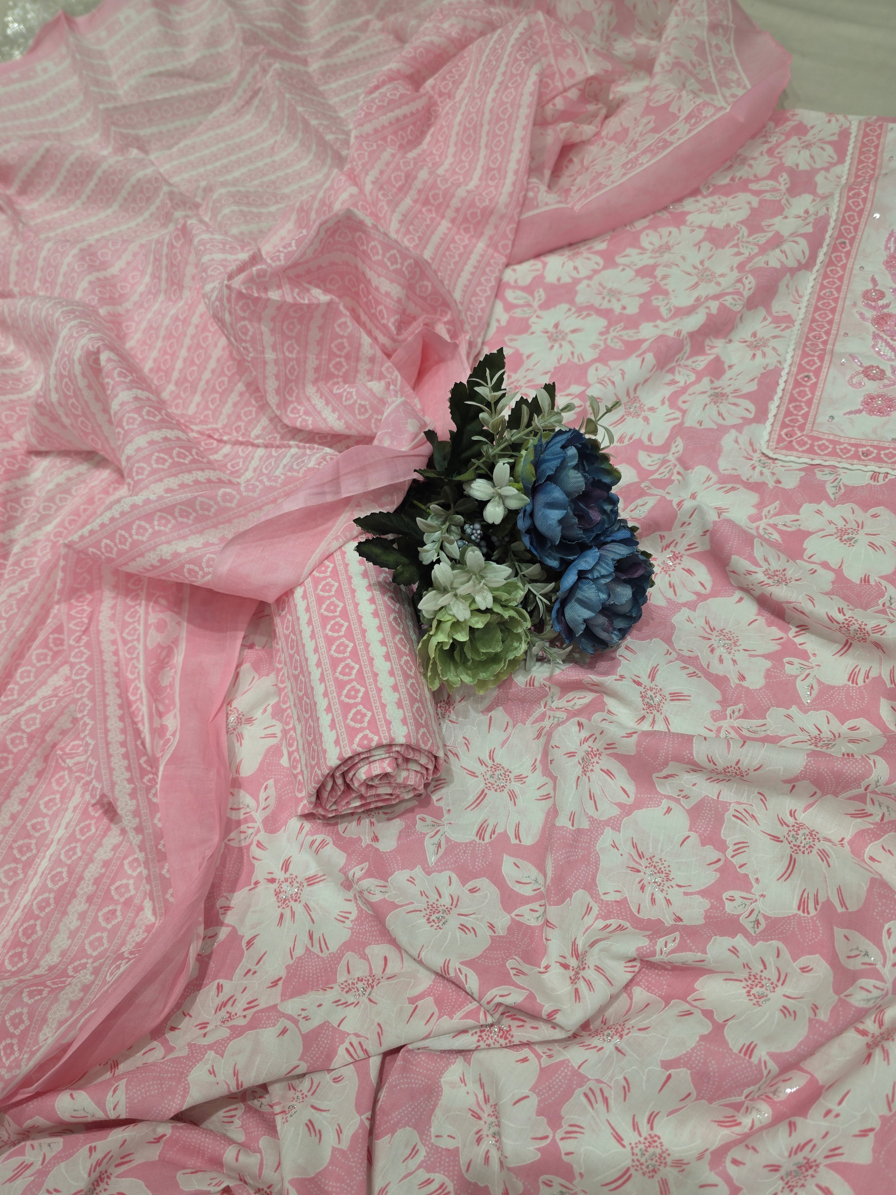 SOFT MANDI COTTON PRINTED BEADS WORK UNSTITCHED SUIT