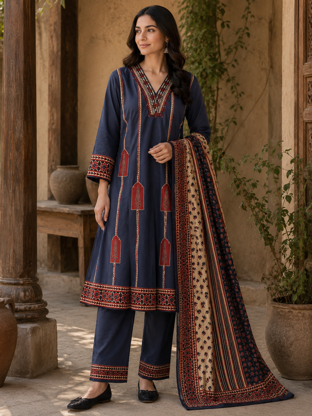 BLACK ANARKALI PATCHWORK PLAZZO SUIT