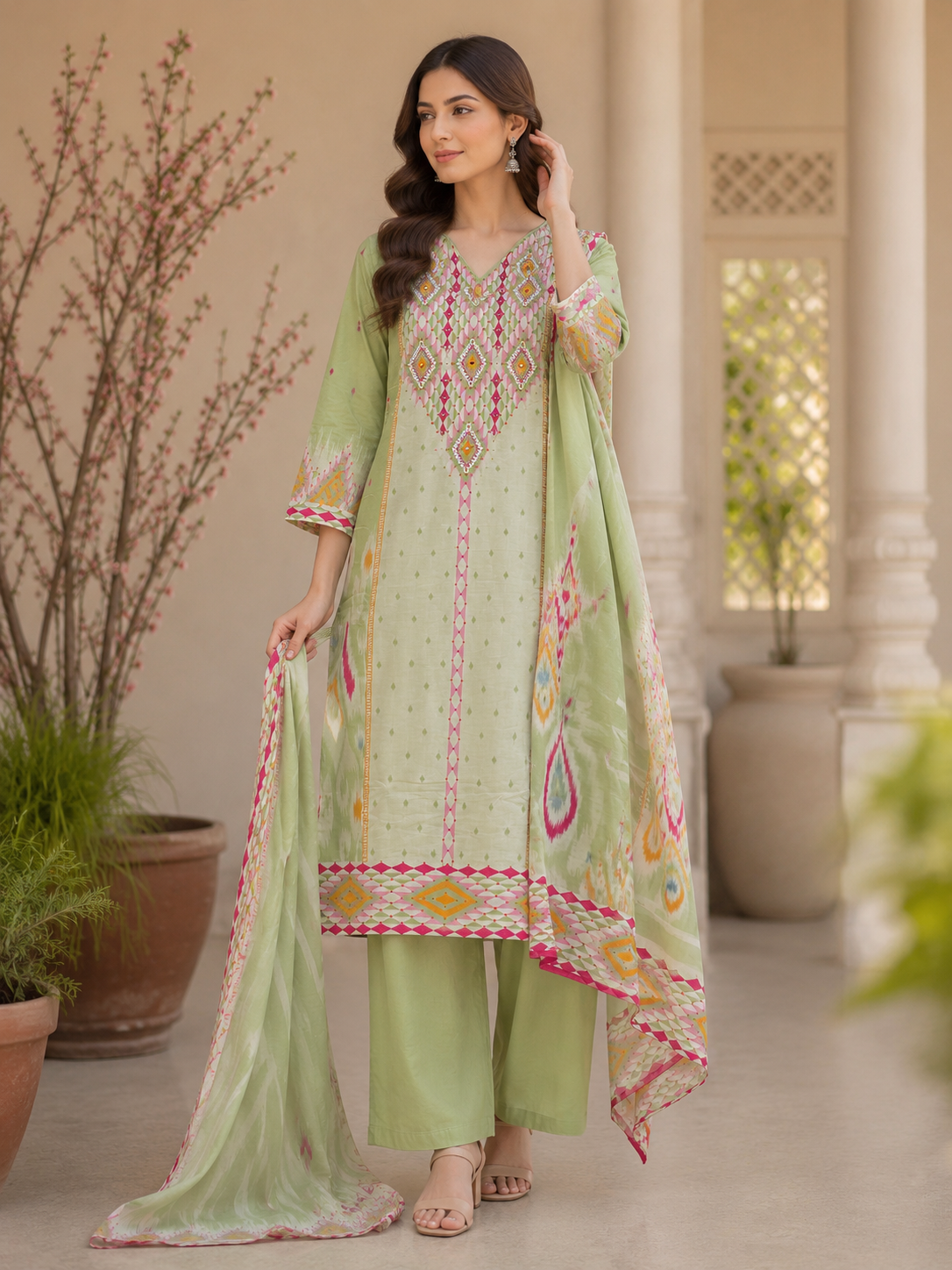 LIGHT EMBROIDERED CAMBRIC COTTON PLAZZO SUIT
