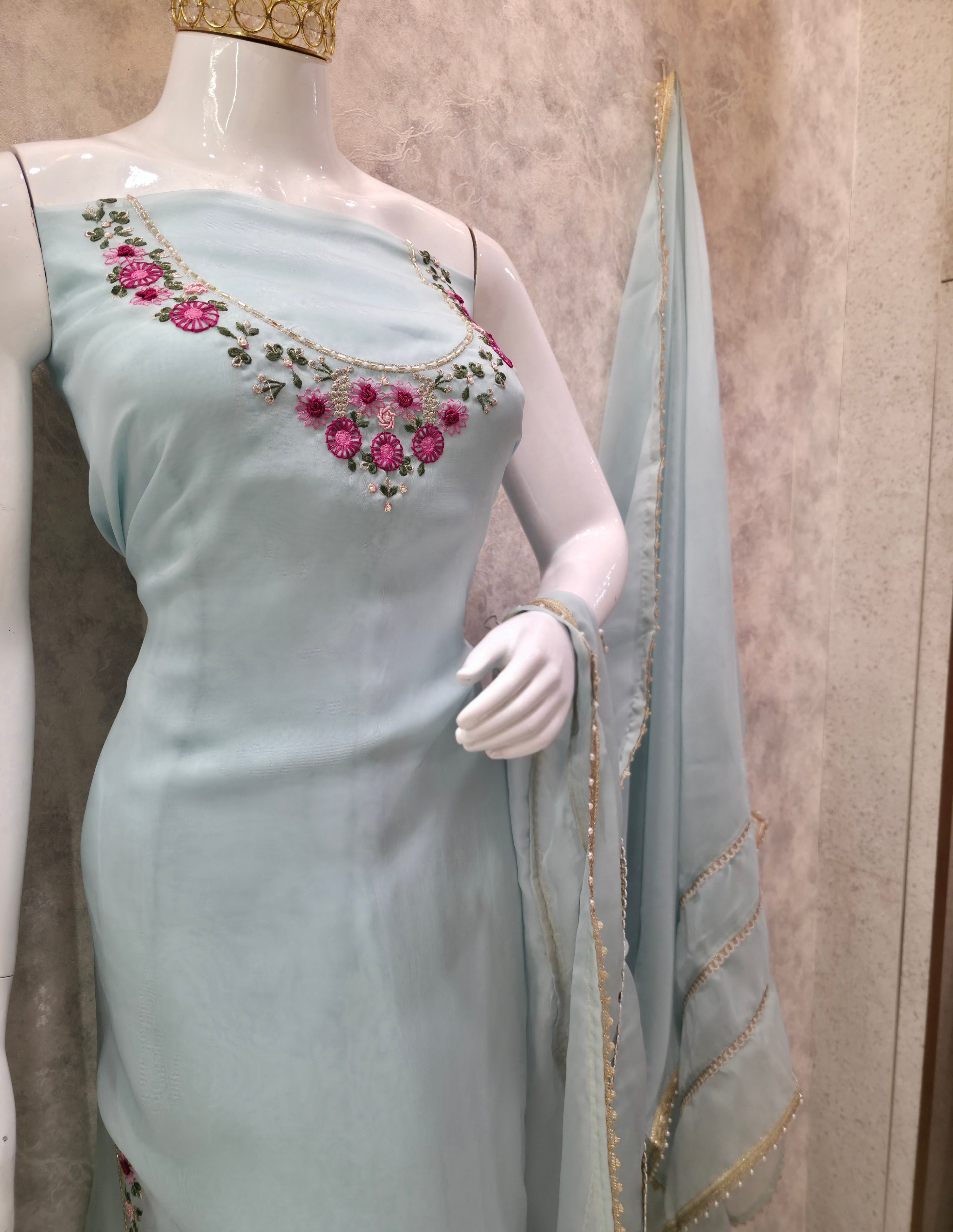 Sky Blue Organza Embroidered Unstitched Party Wear Suit