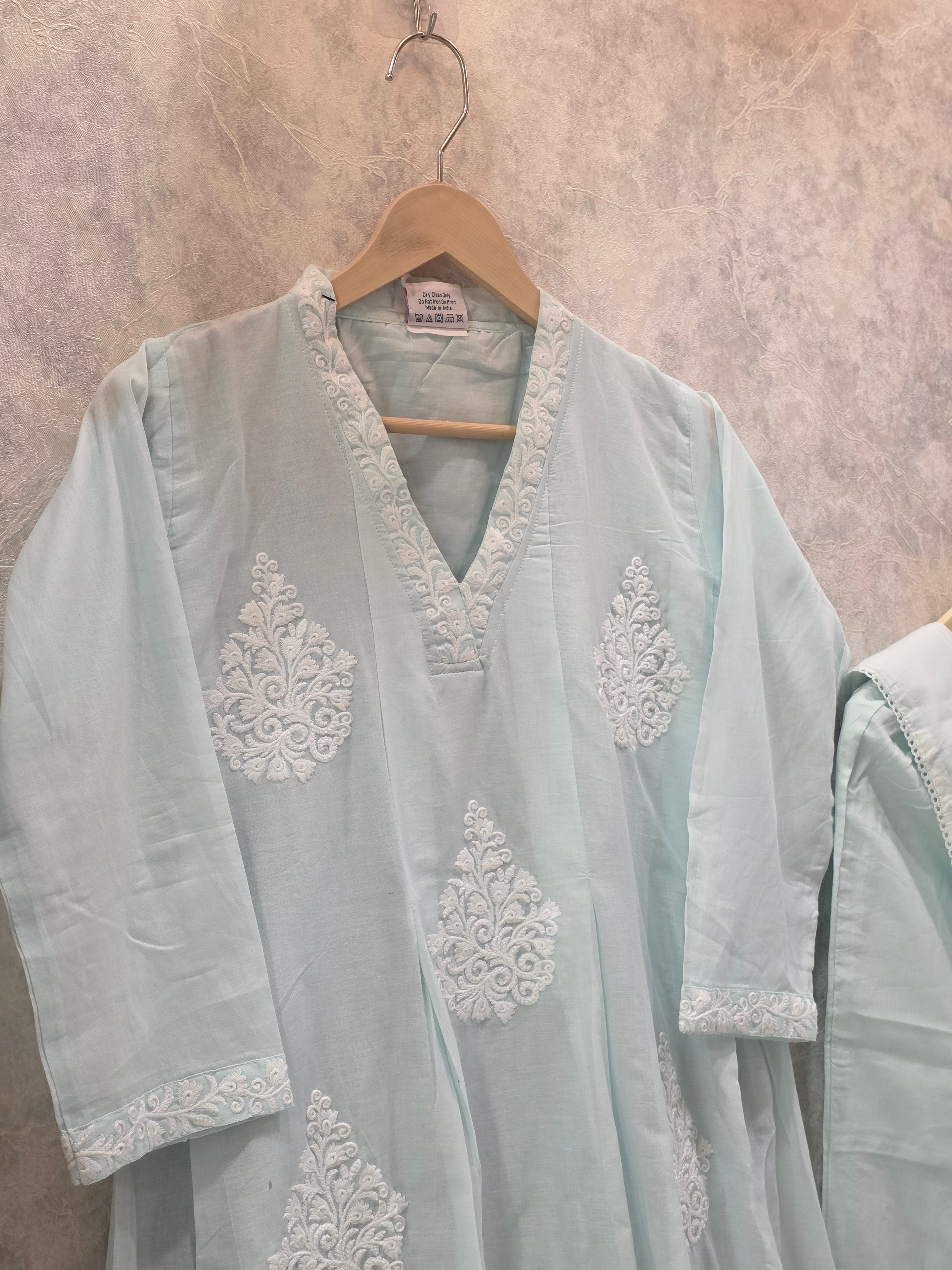 LIGHT SEA GREEN CHIKANKAARI FROCK PLAZZO SUIT