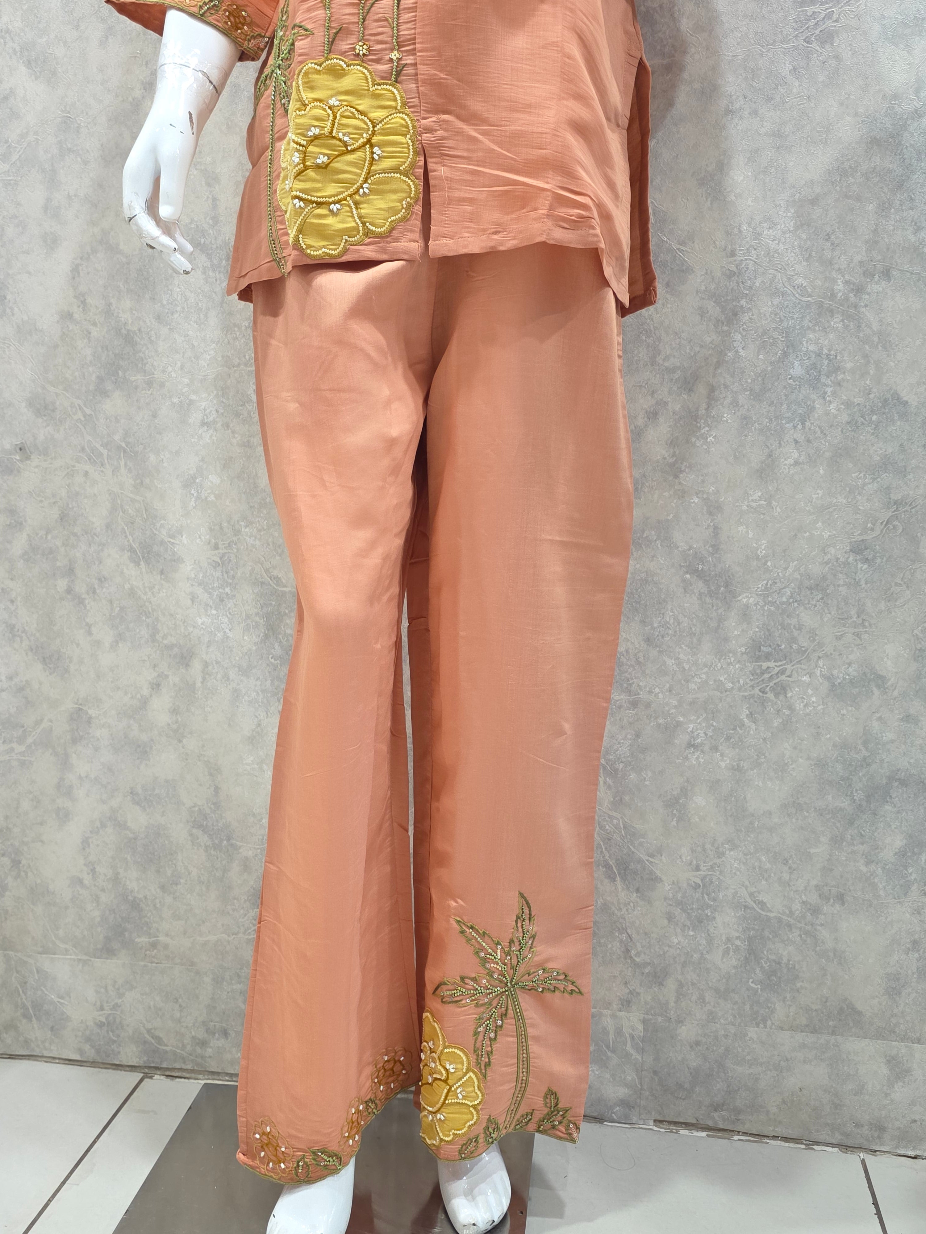 MUL CHANDERI HANDWORK PLAZZO CO-ORD SET