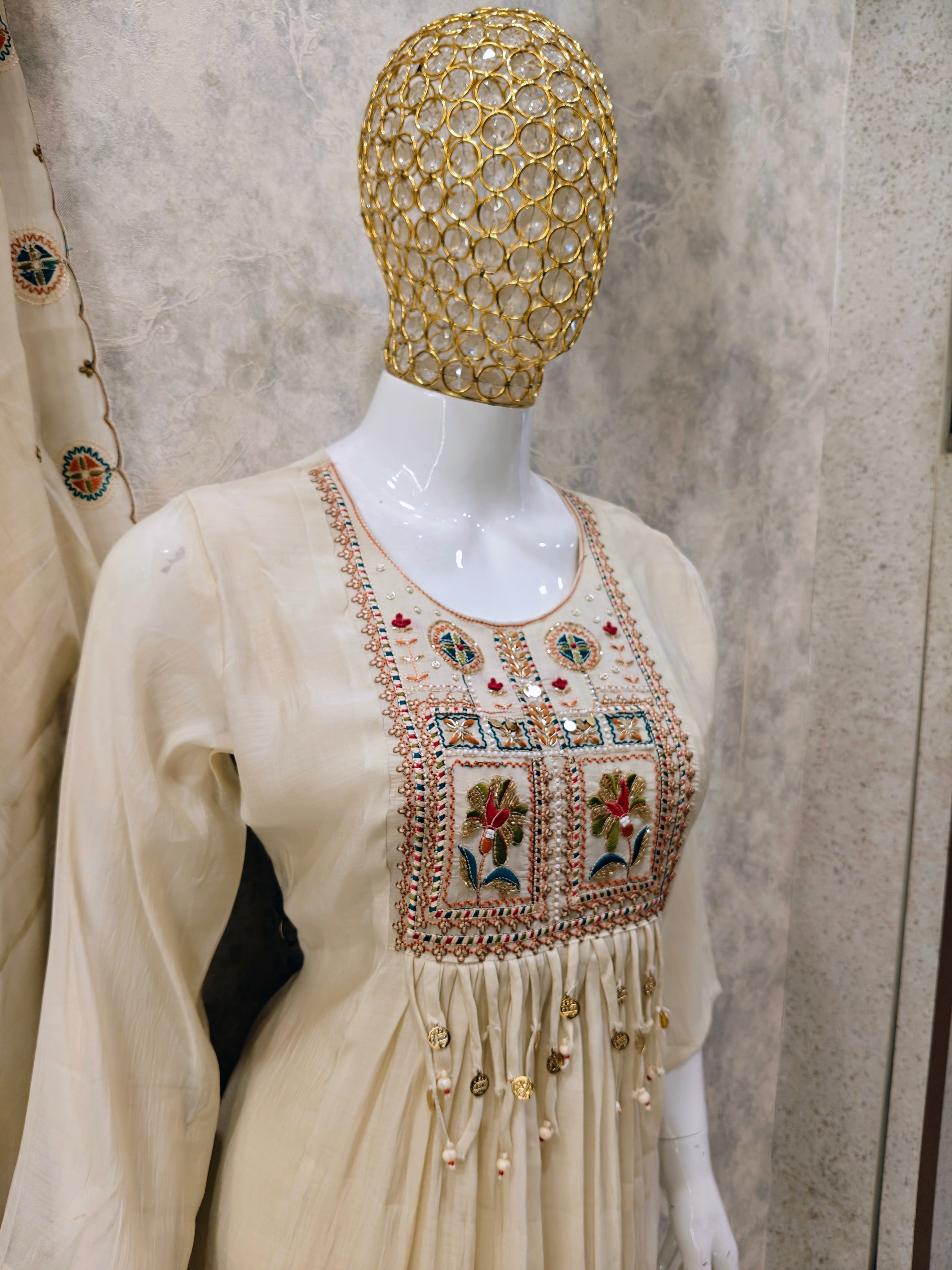 MUL CHANDERI FROCK WITH HEAVY NECK PLAZZO SUIT