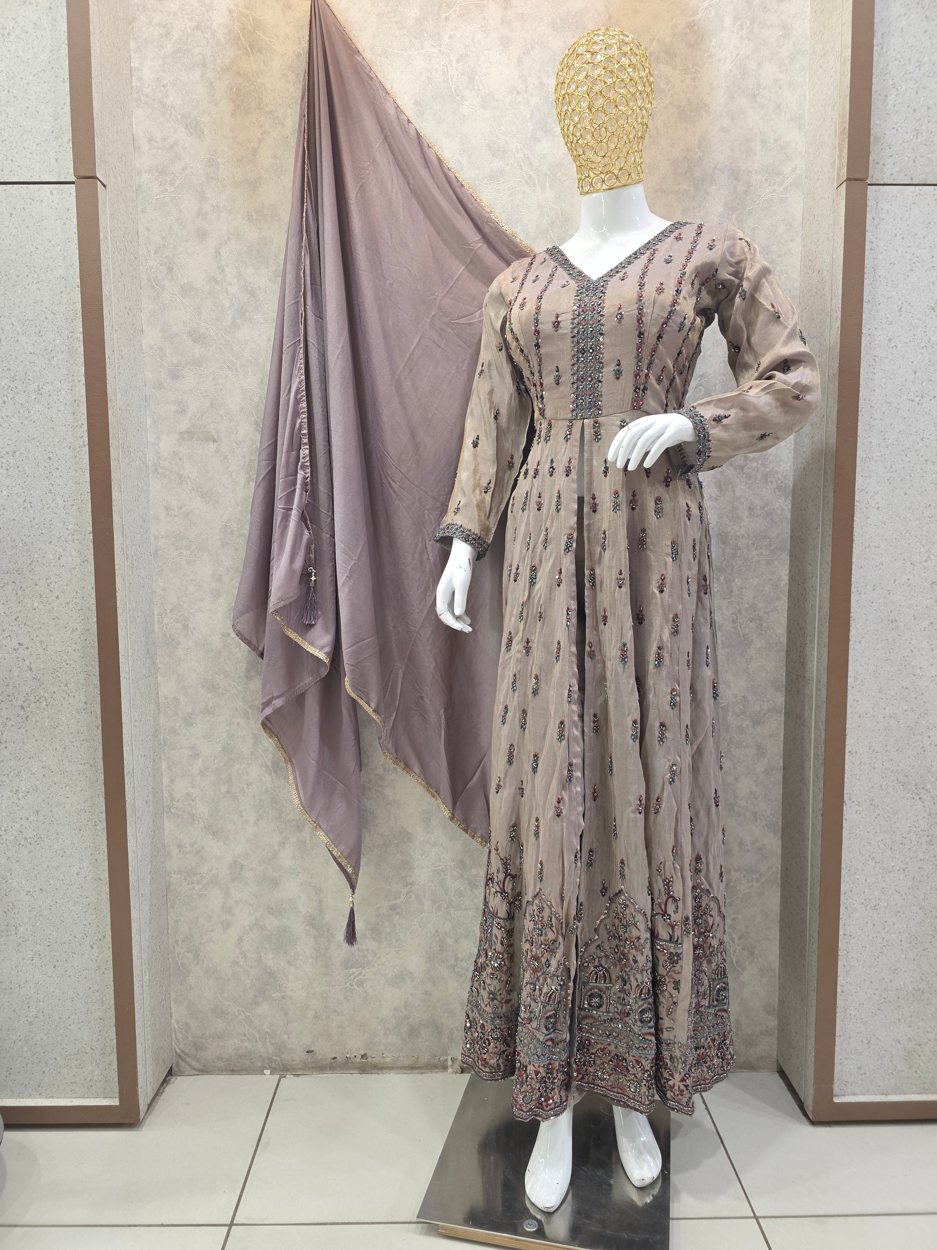 MAUVE FRONT CUT HANDWORK FROCK SUIT