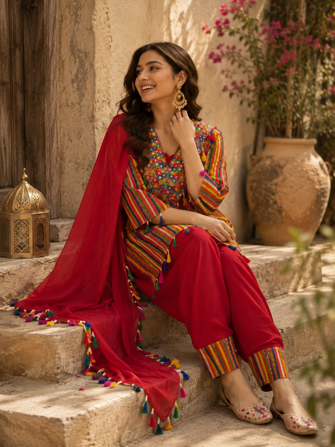 RED STRIPE AND MIRROR WORK FARSHI SALWAR SUIT