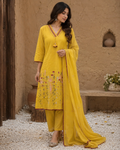YELLOW V-NECK MUL COTTON A-LINE PLAZZO SUIT