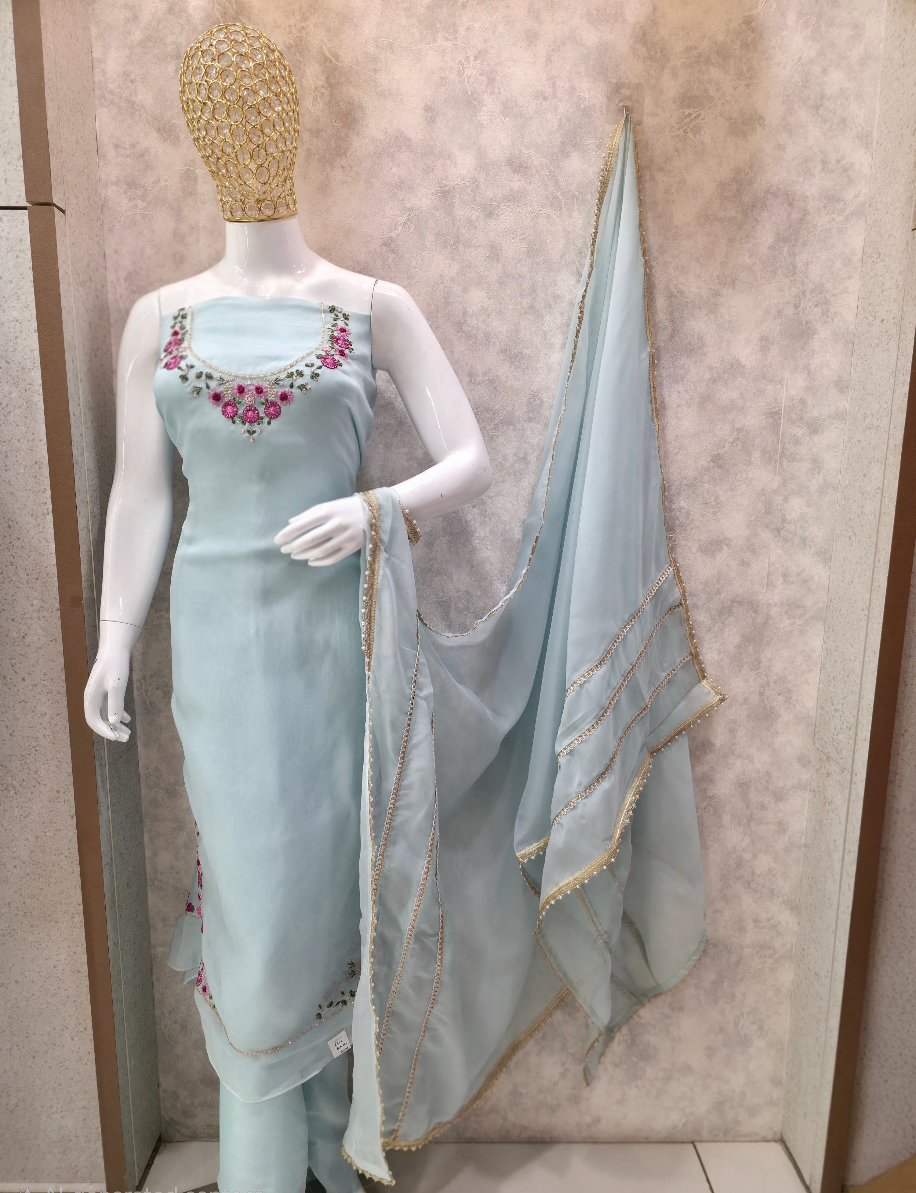 Sky Blue Organza Embroidered Unstitched Party Wear Suit