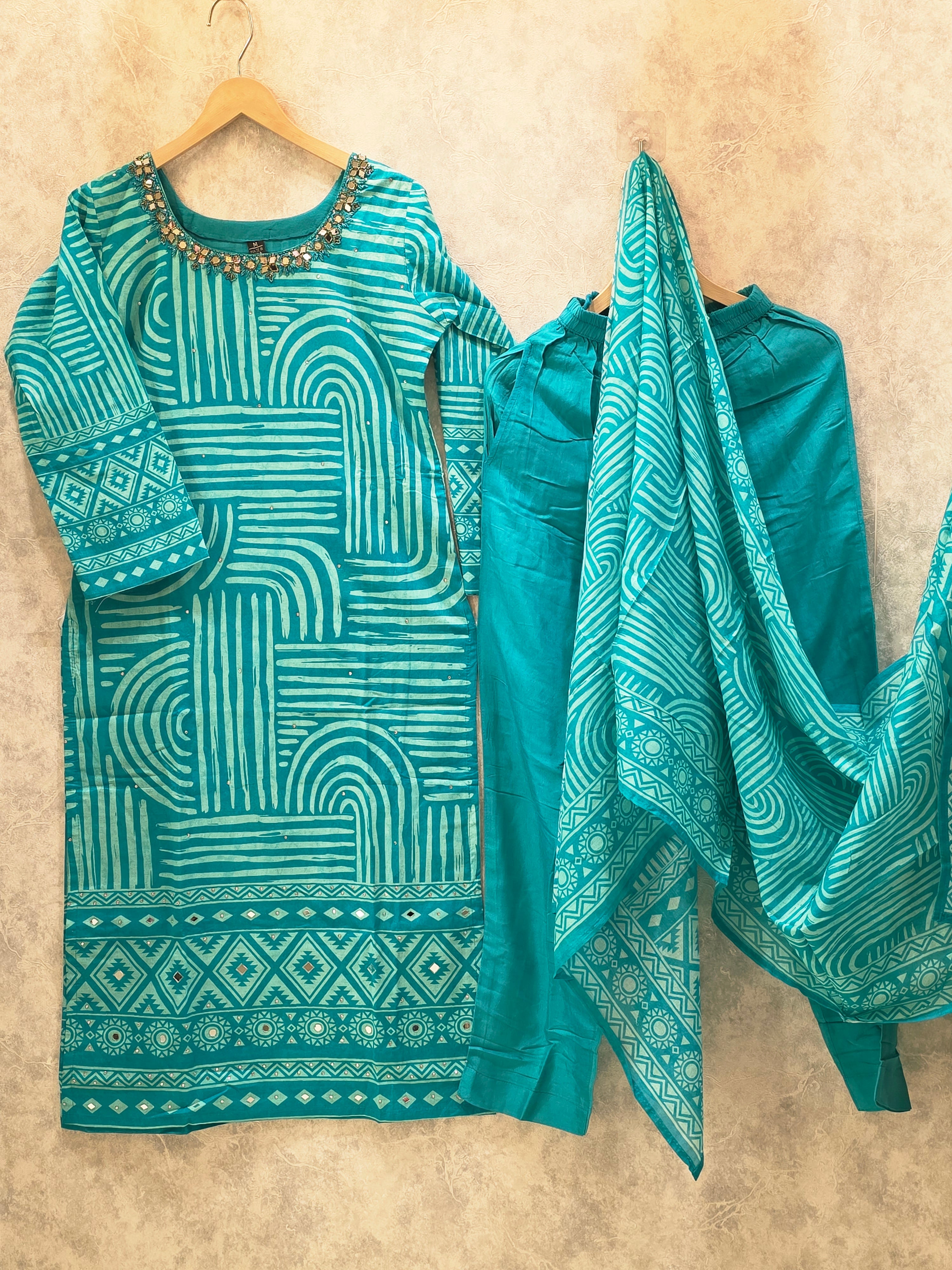 FIROZI CAMBRIC COTTON NECK WORK PLAZZO SUIT