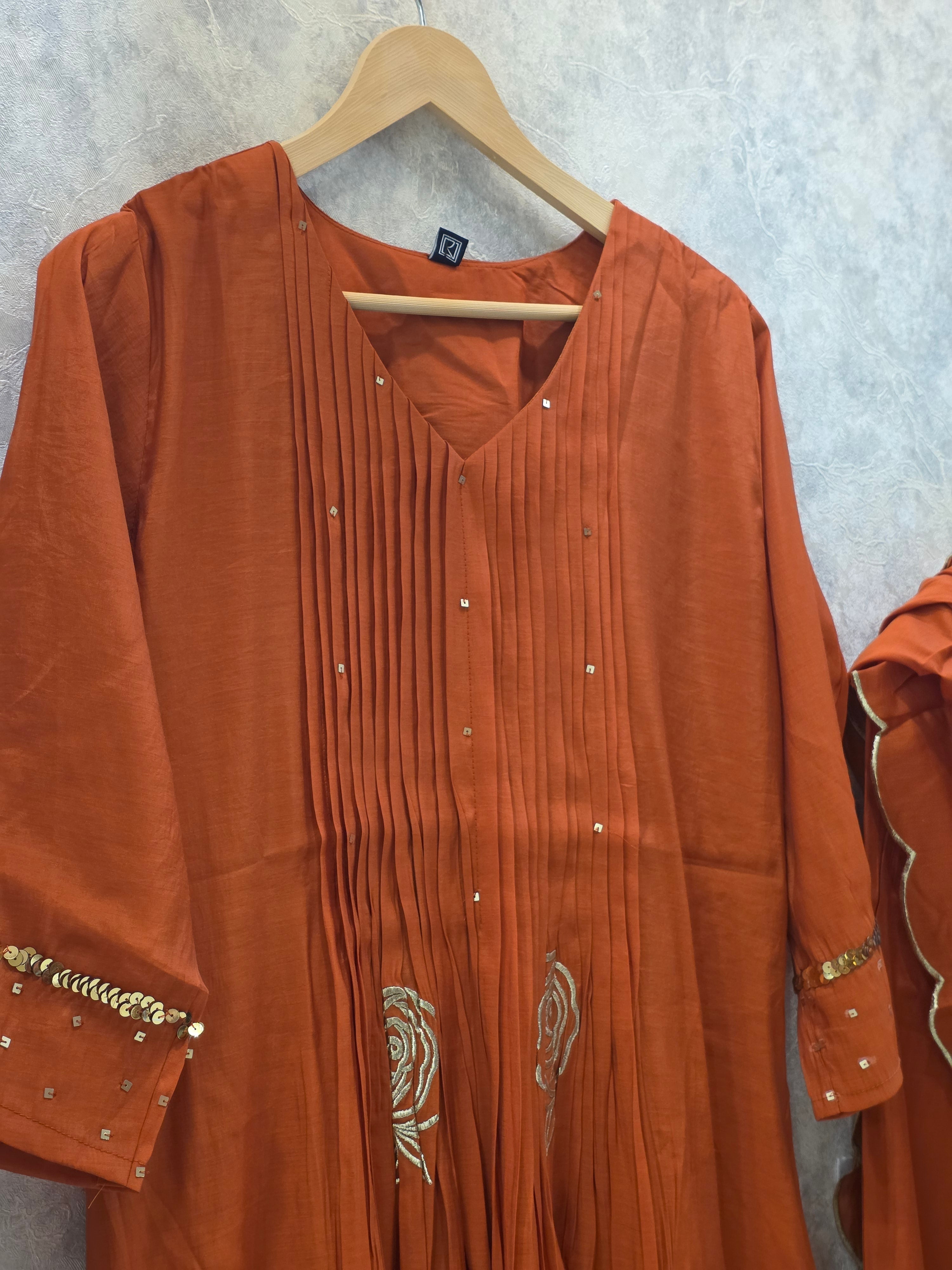 RUST THREAD AND SEQUIN WORK FROCK PLAZZO SUIT