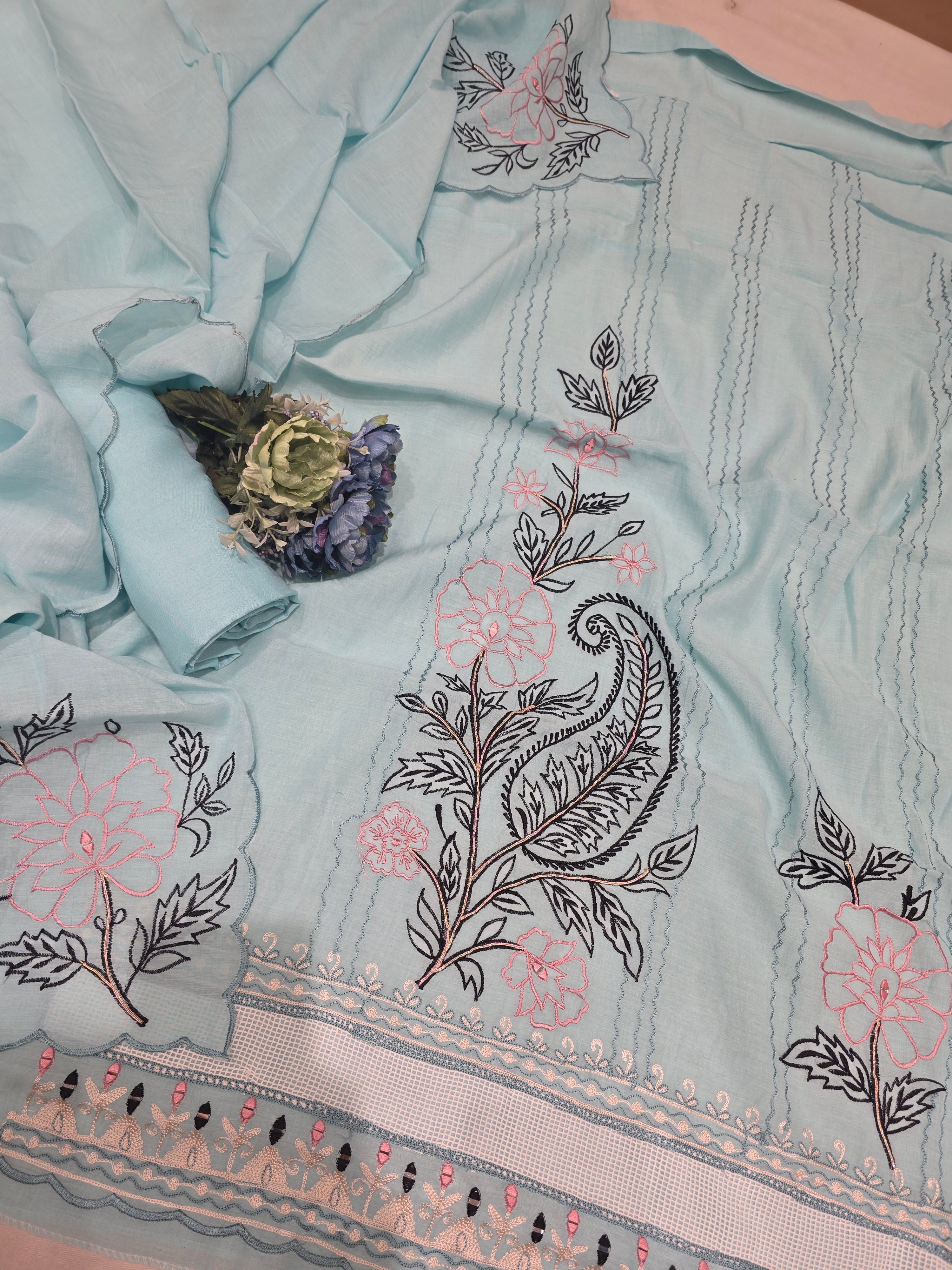 SKY THREAD WORK UNSTITCHED SUIT