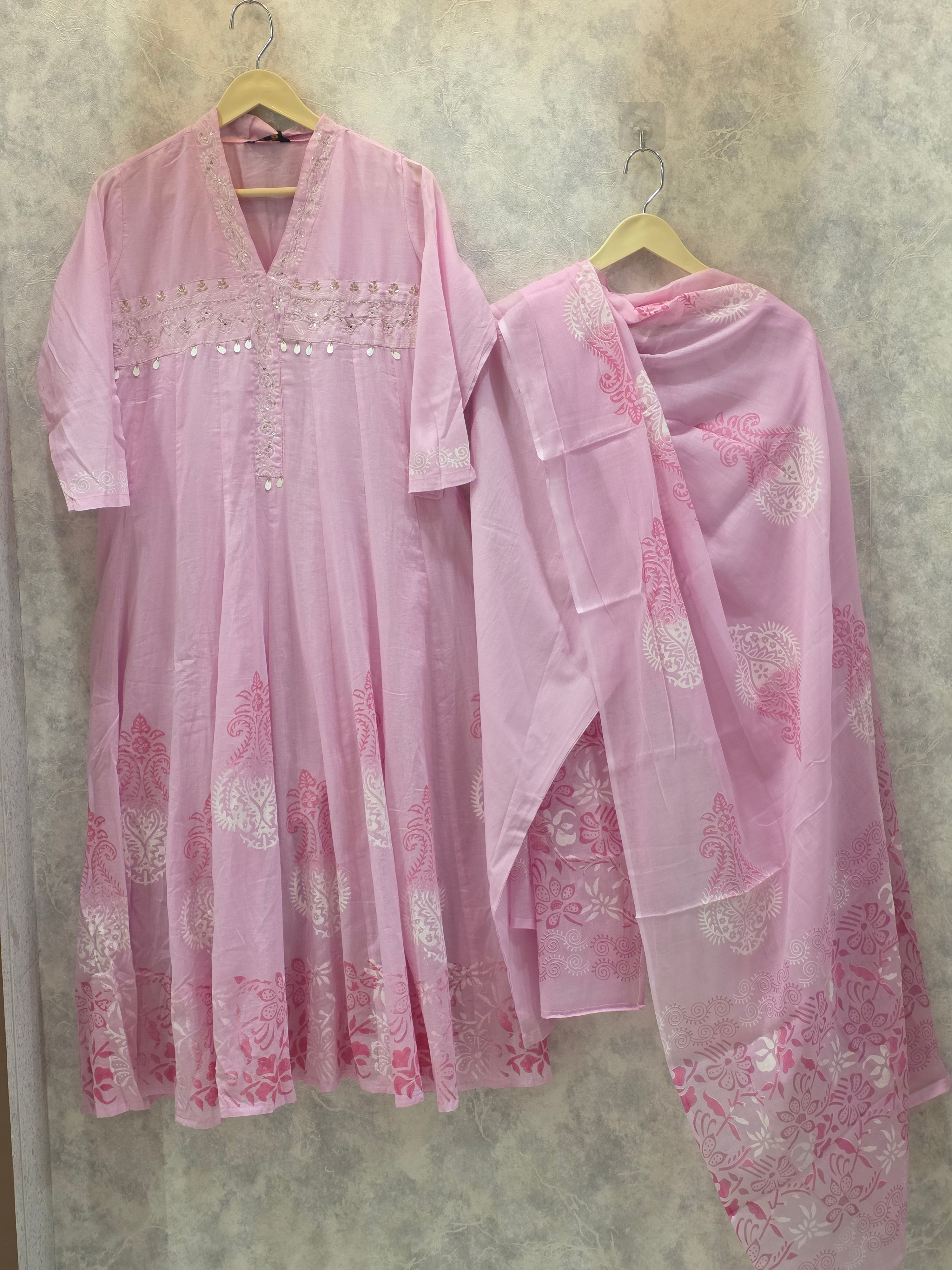 PINK BLOCK PRINT FROCK PLAZZO SUIT