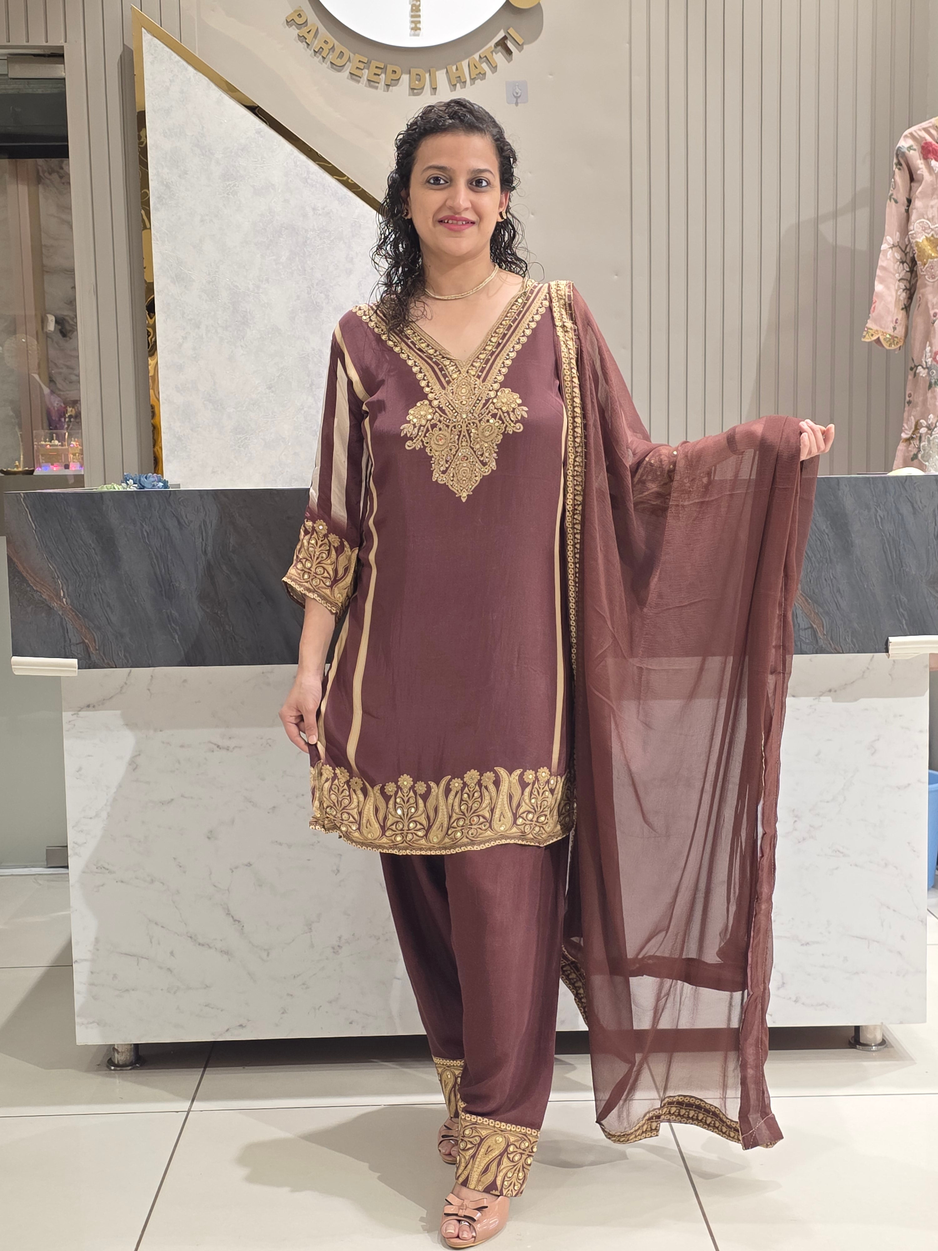 RUST WINE CREPE FARSHI SALWAR READYMADE SUIT