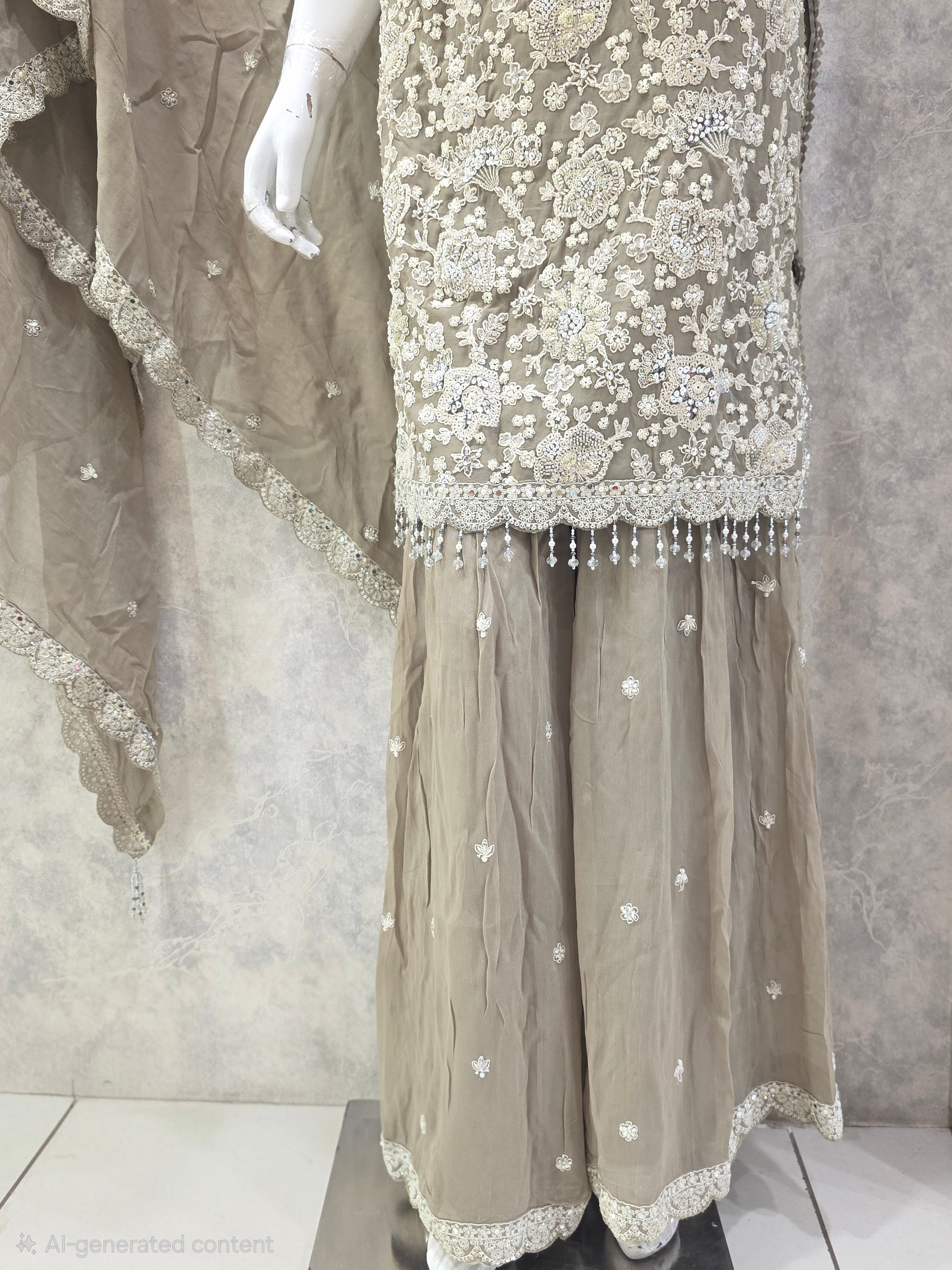 GREY HEAVY HANDWORK PARTYWEAR SHARARA SUIT