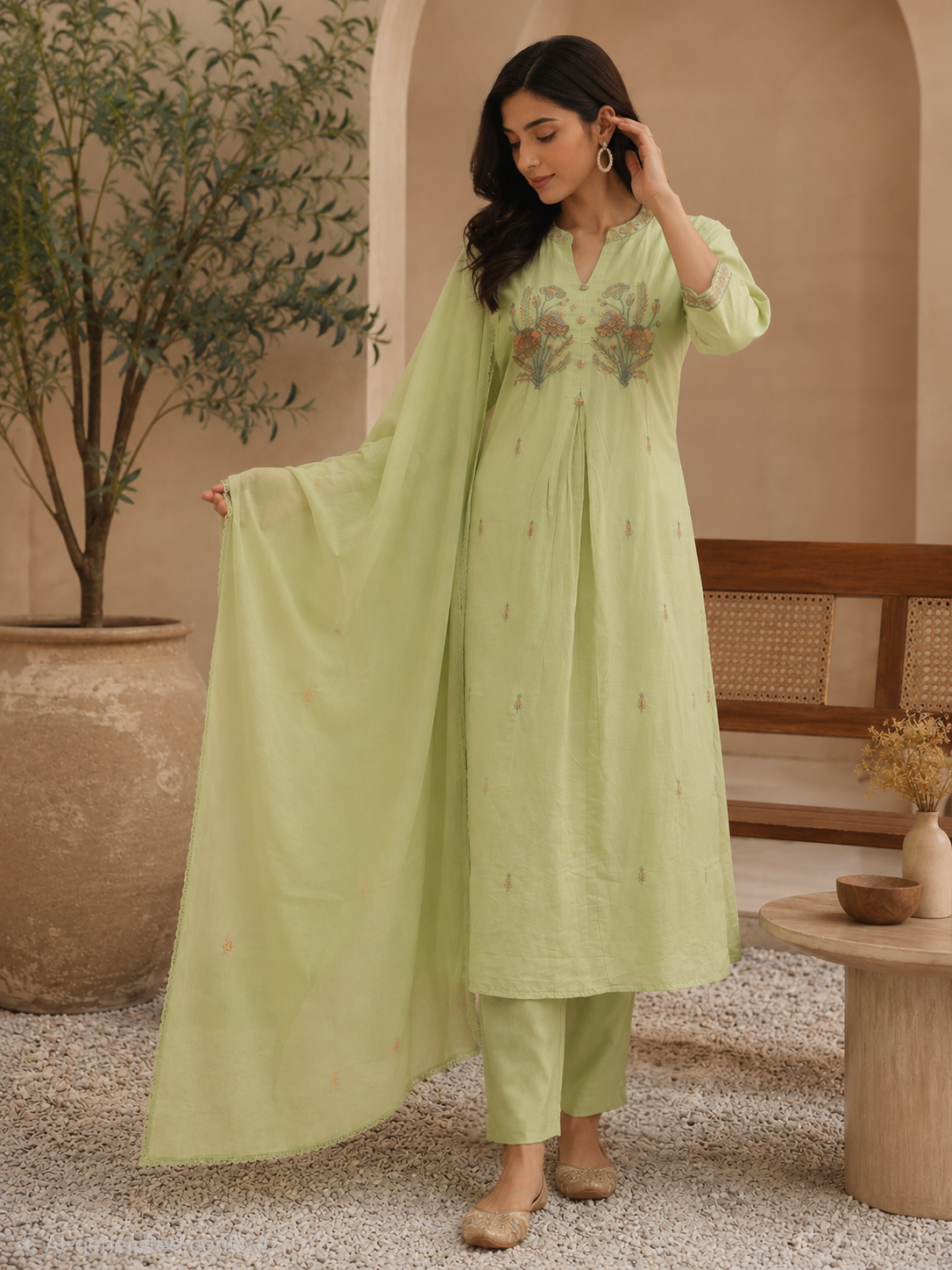 LIGHT GREEN A-LINE COTTON SUIT WITH CUTWORK