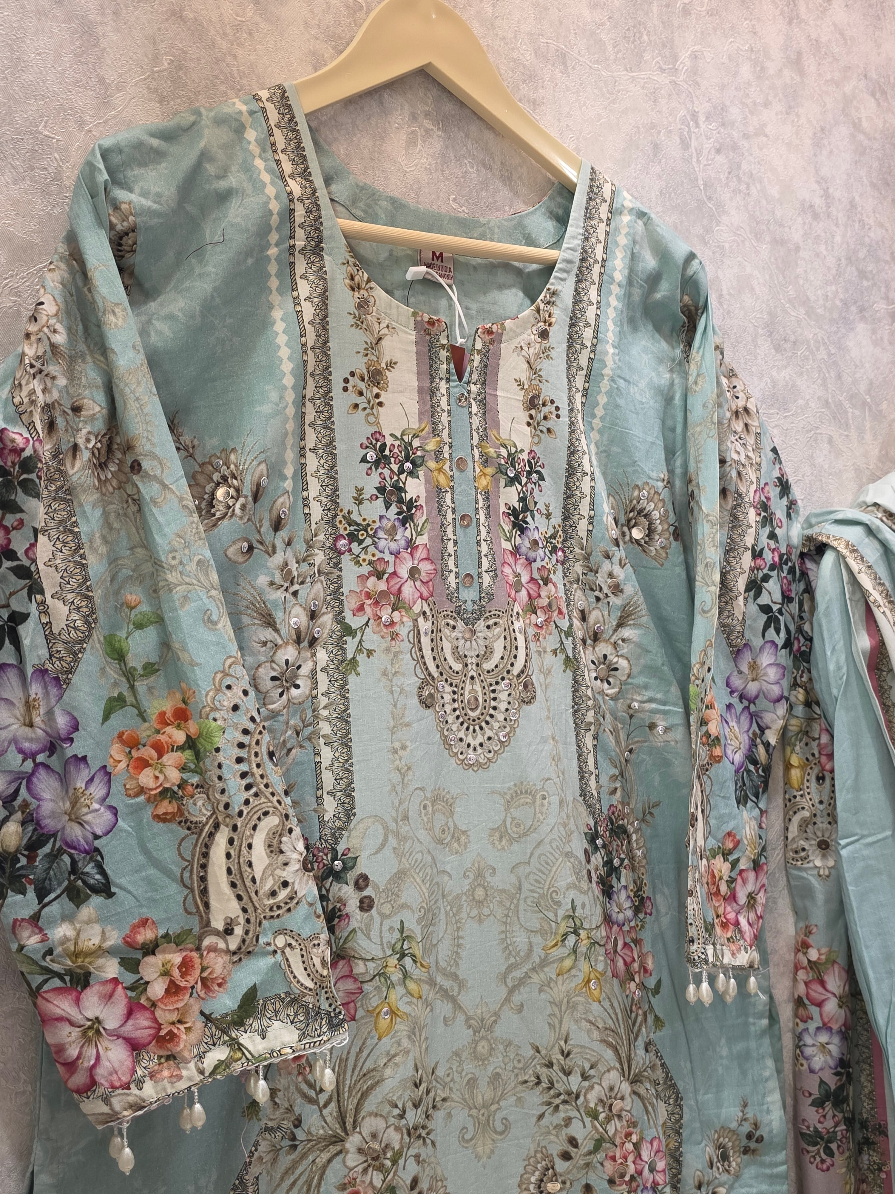 BLUE PAKISTANI PRINT EMBELLISHED PLAZZO SUIT
