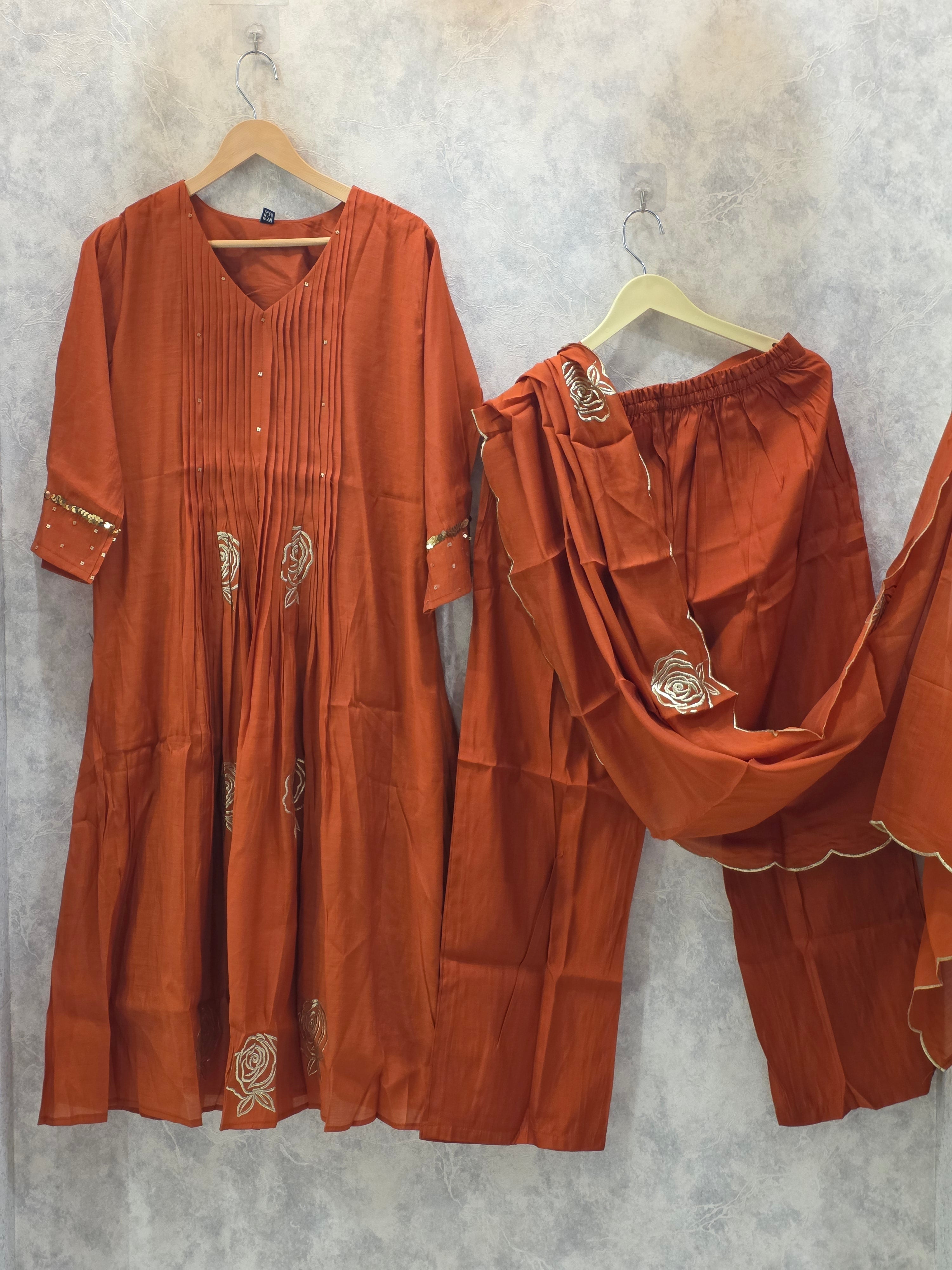 RUST THREAD AND SEQUIN WORK FROCK PLAZZO SUIT