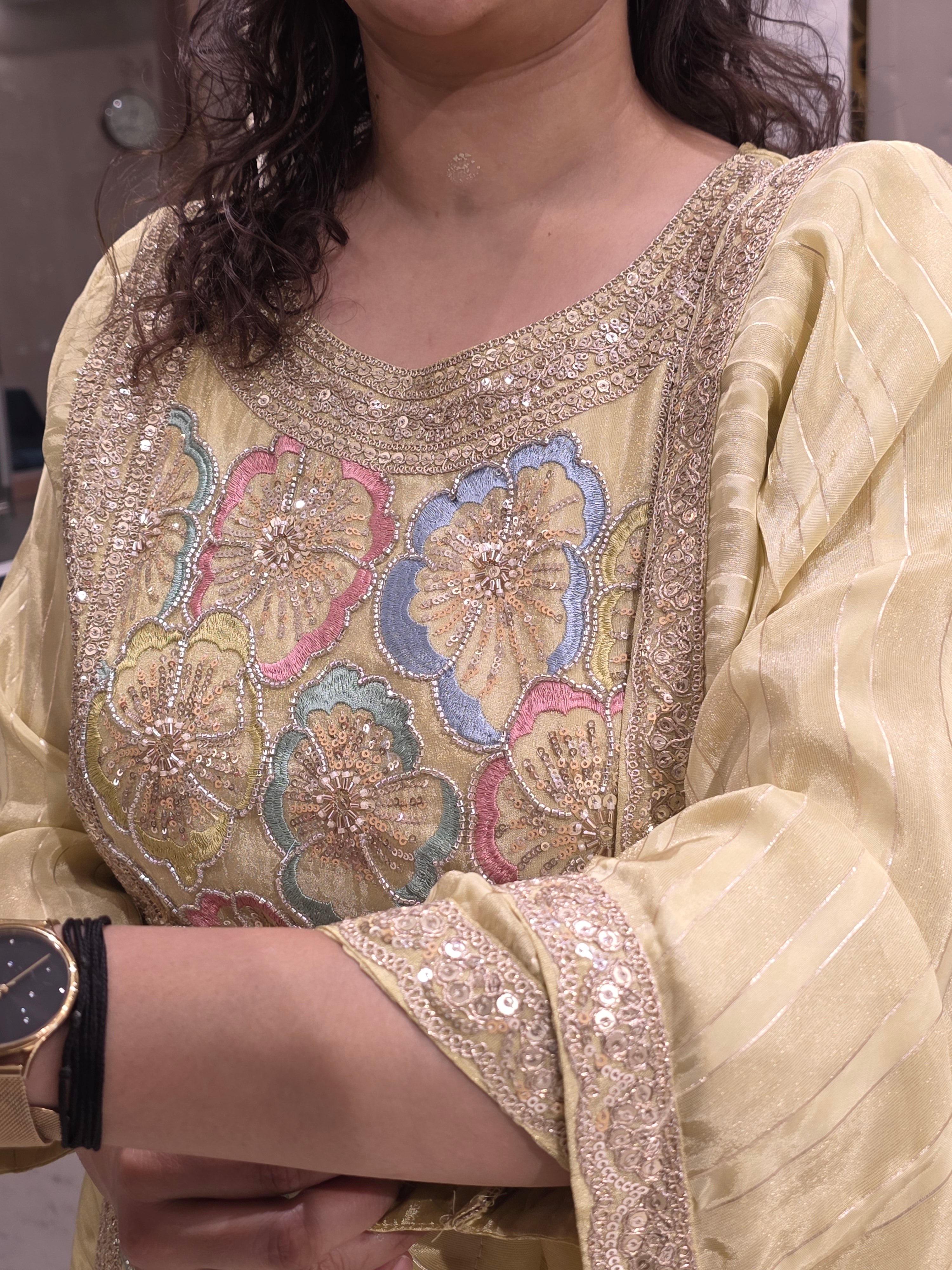 PASTEL YELLOW SHIMMER HANDWORK PARTYWEAR PLAZZO SUIT