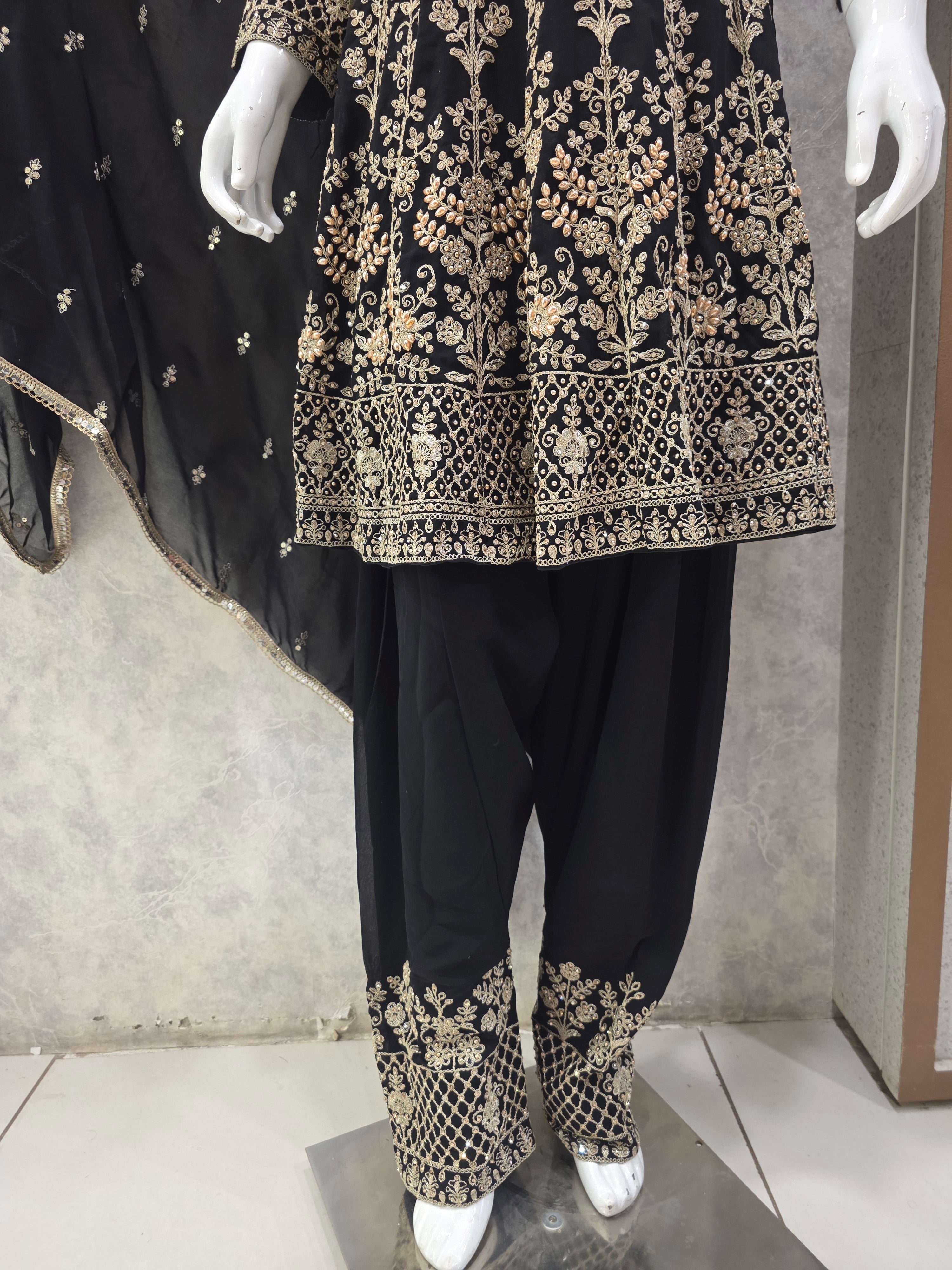 BLACK EMBROIDERED SHORT FROCK PARTYWEAR SUIT