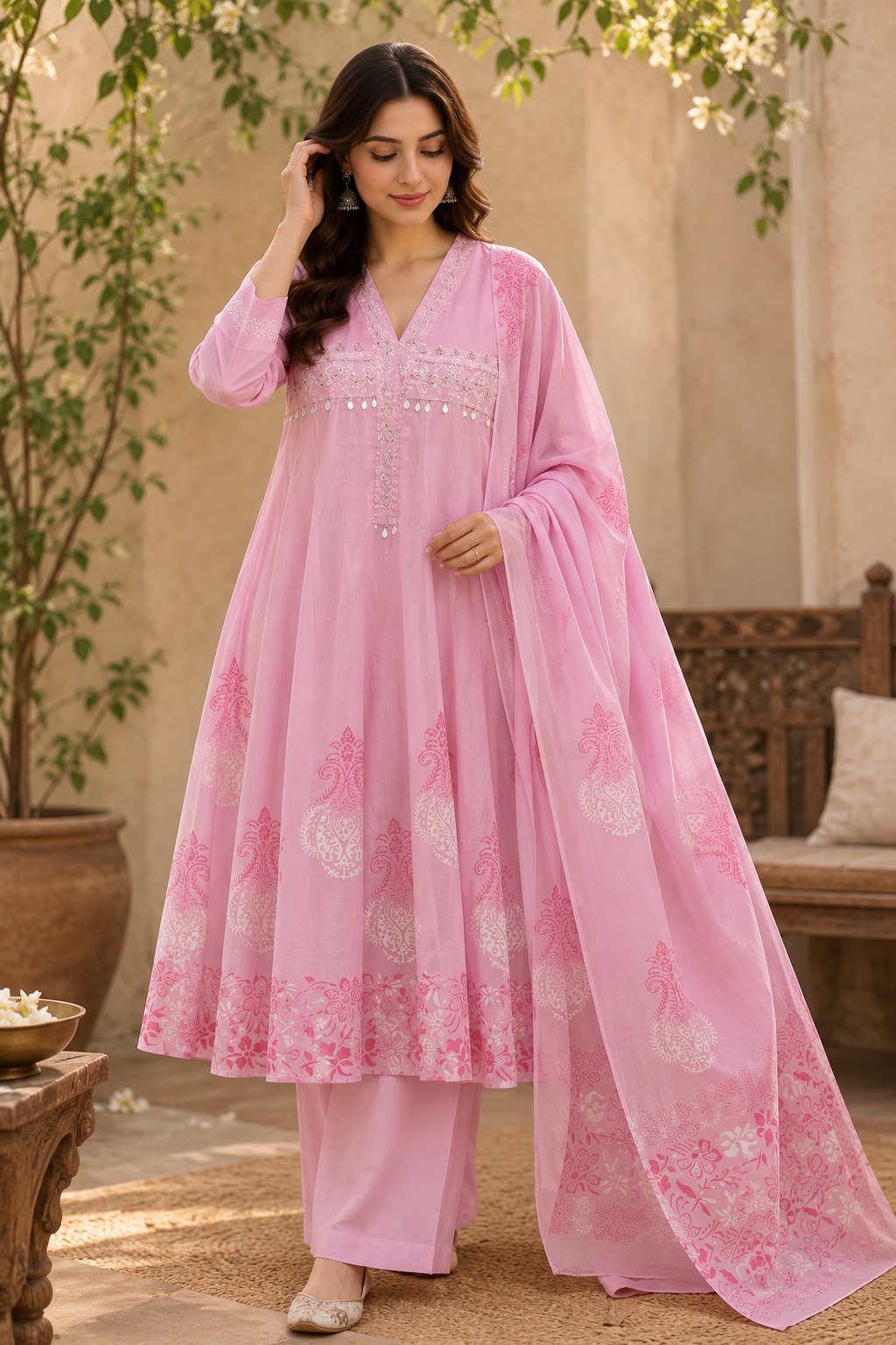 PINK BLOCK PRINT FROCK PLAZZO SUIT