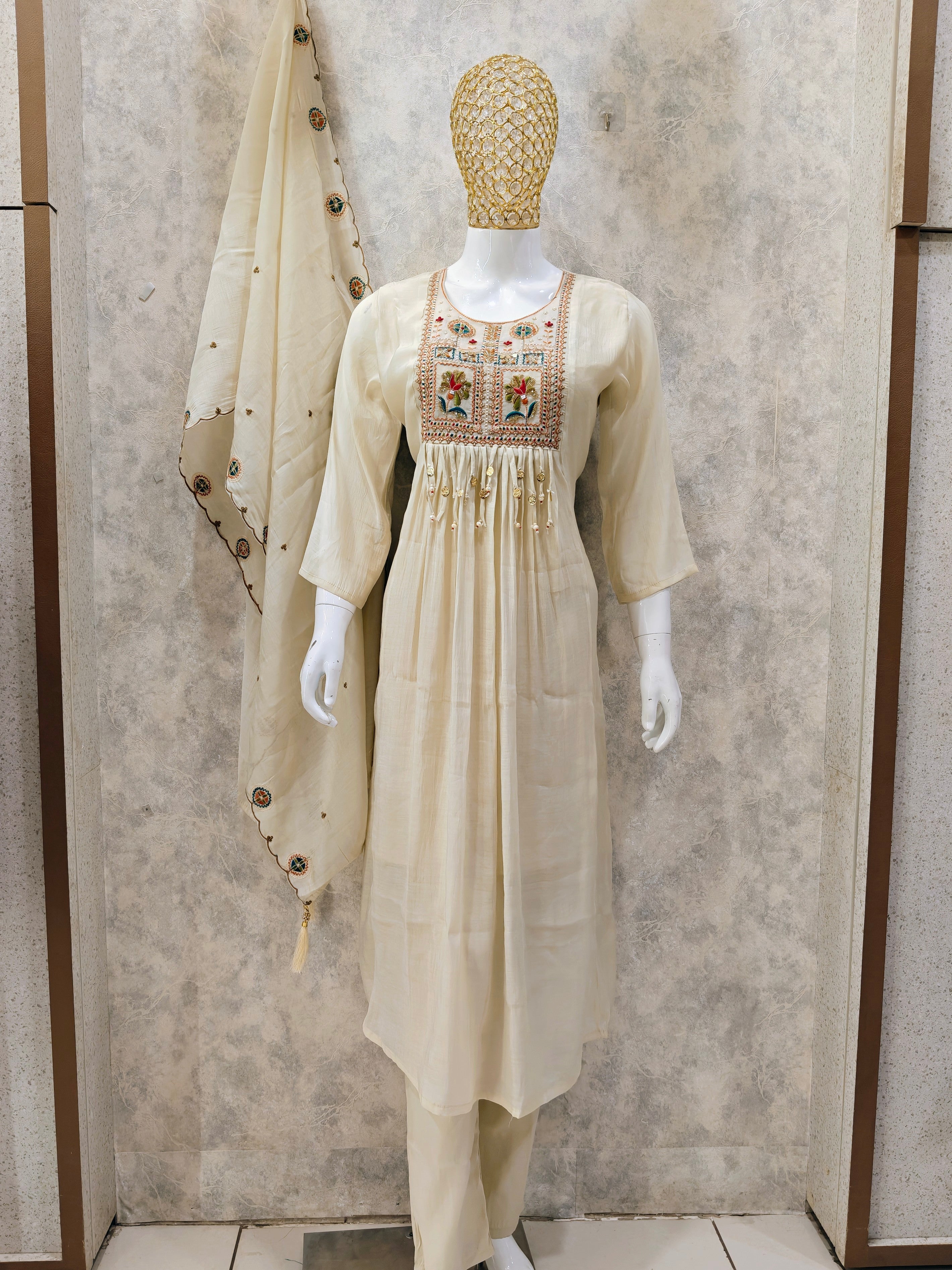MUL CHANDERI FROCK WITH HEAVY NECK PLAZZO SUIT