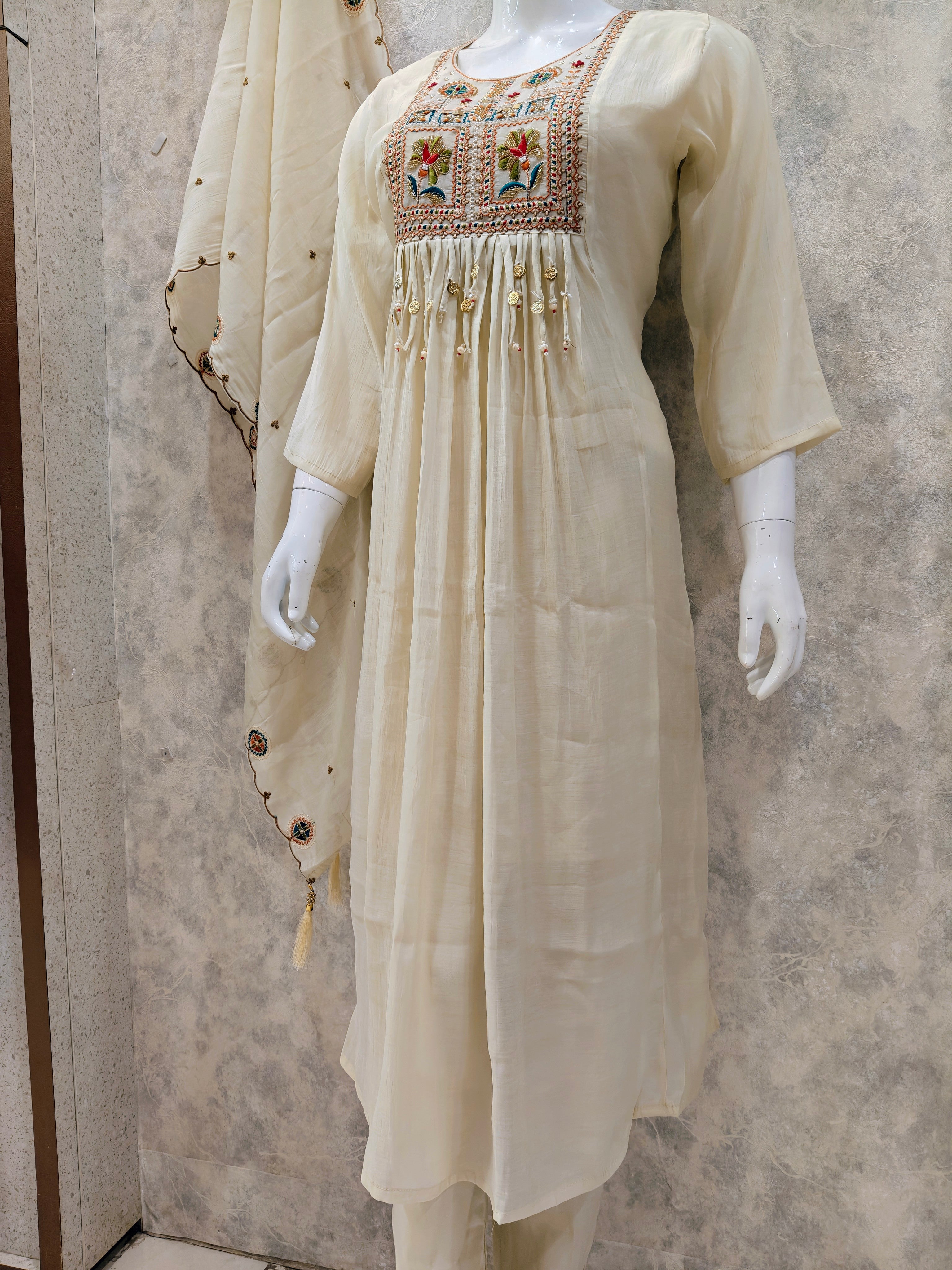 MUL CHANDERI FROCK WITH HEAVY NECK PLAZZO SUIT