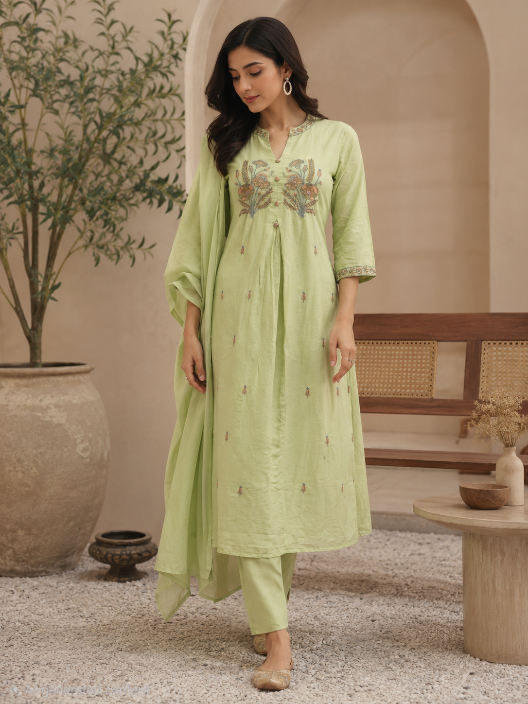LIGHT GREEN A-LINE COTTON SUIT WITH CUTWORK