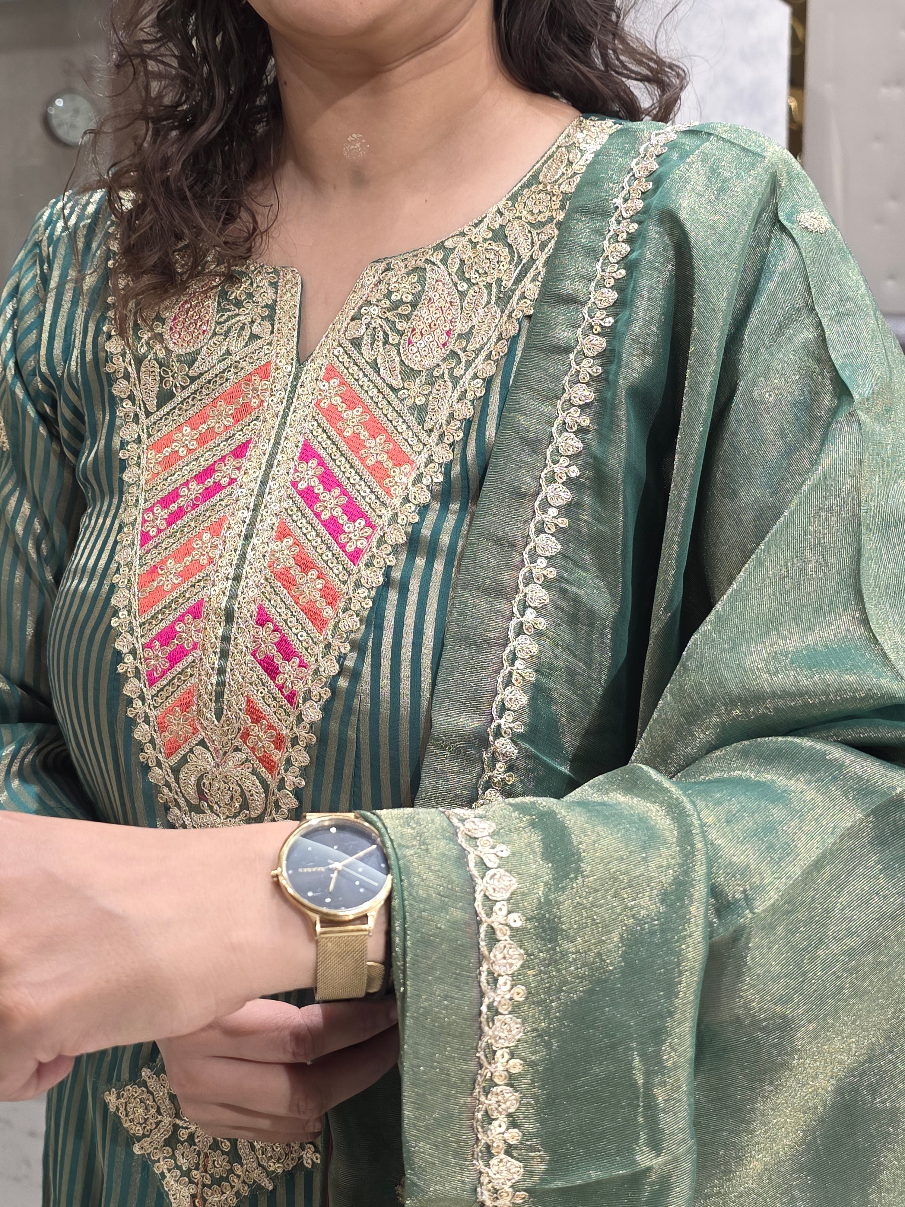 GREEN SHIMMER FROCK PARTYWEAR PLAZZO SUIT