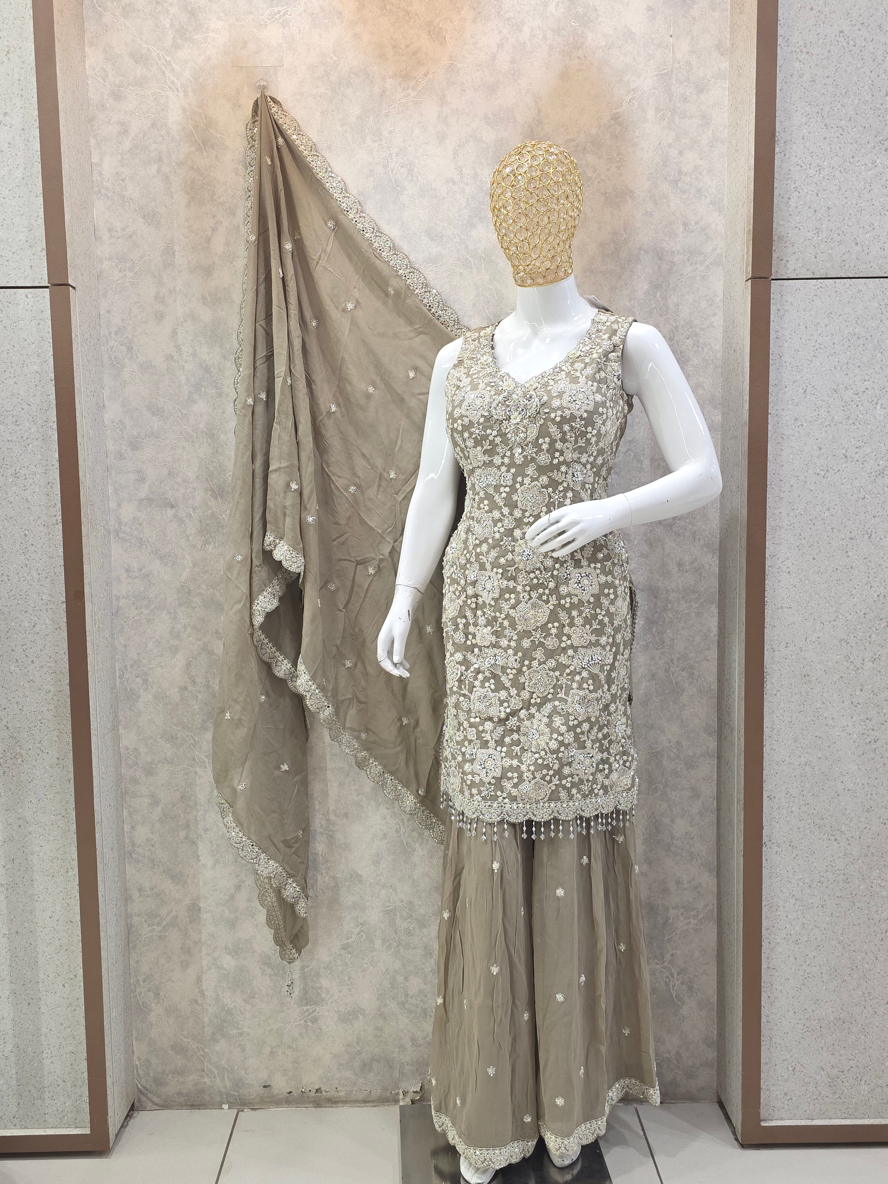 GREY HEAVY HANDWORK PARTYWEAR SHARARA SUIT