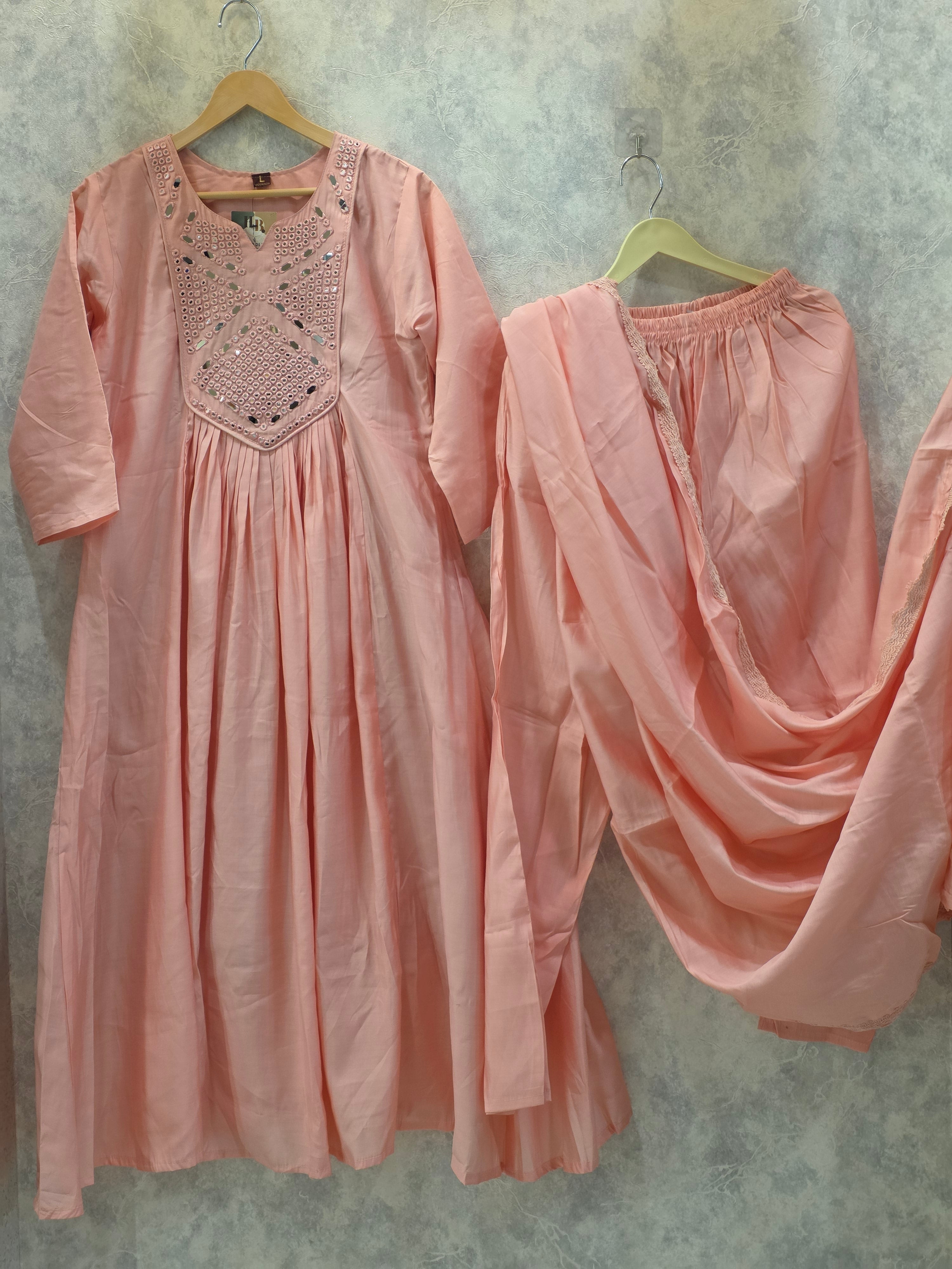 PINK MIRROR WORK FROCK PLAZZO SUIT