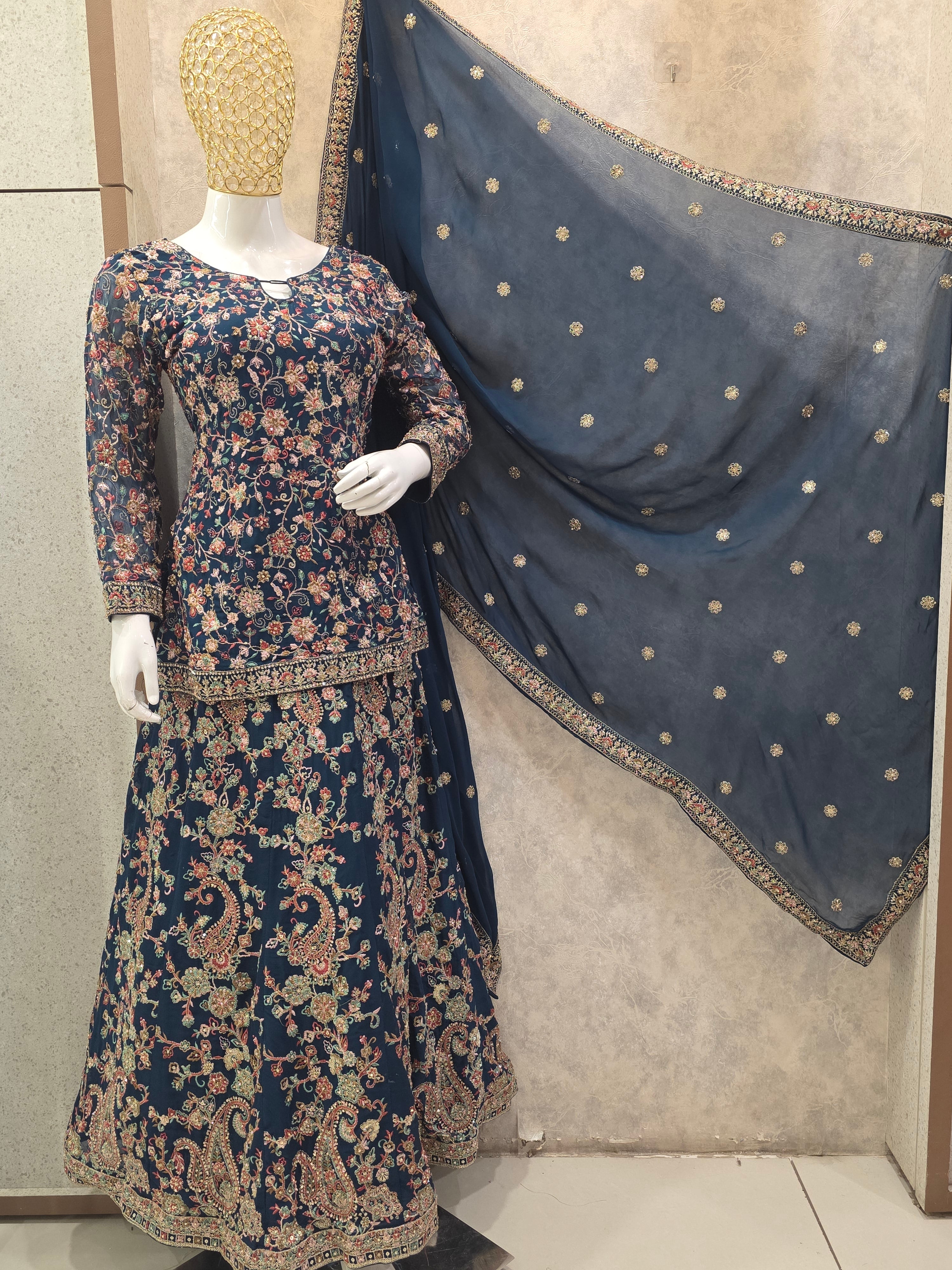NAVY HEAVY EMBROIDERED SHIRT WITH LEHENGA