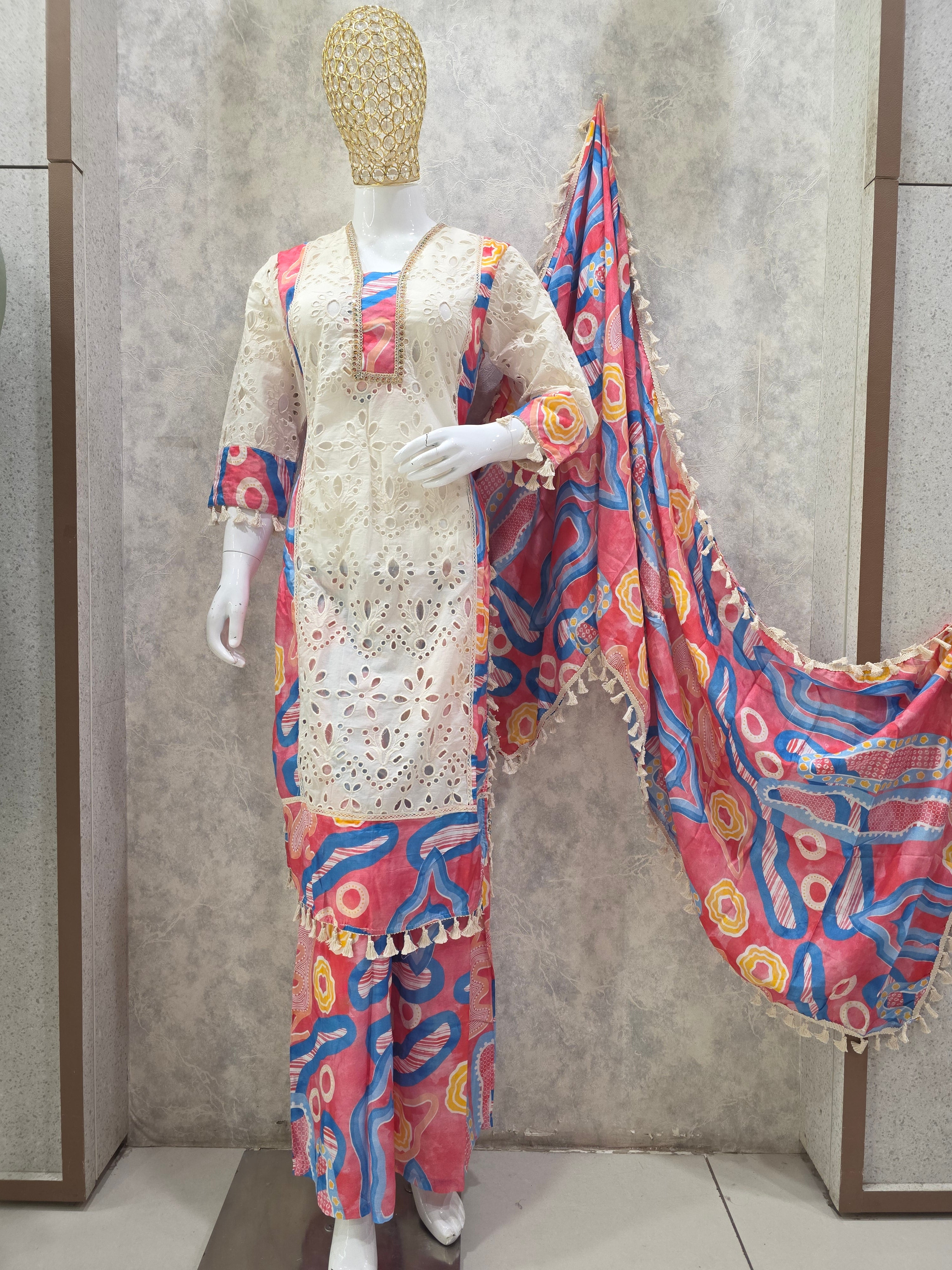 Schiffli Cotton Plazzo Suit