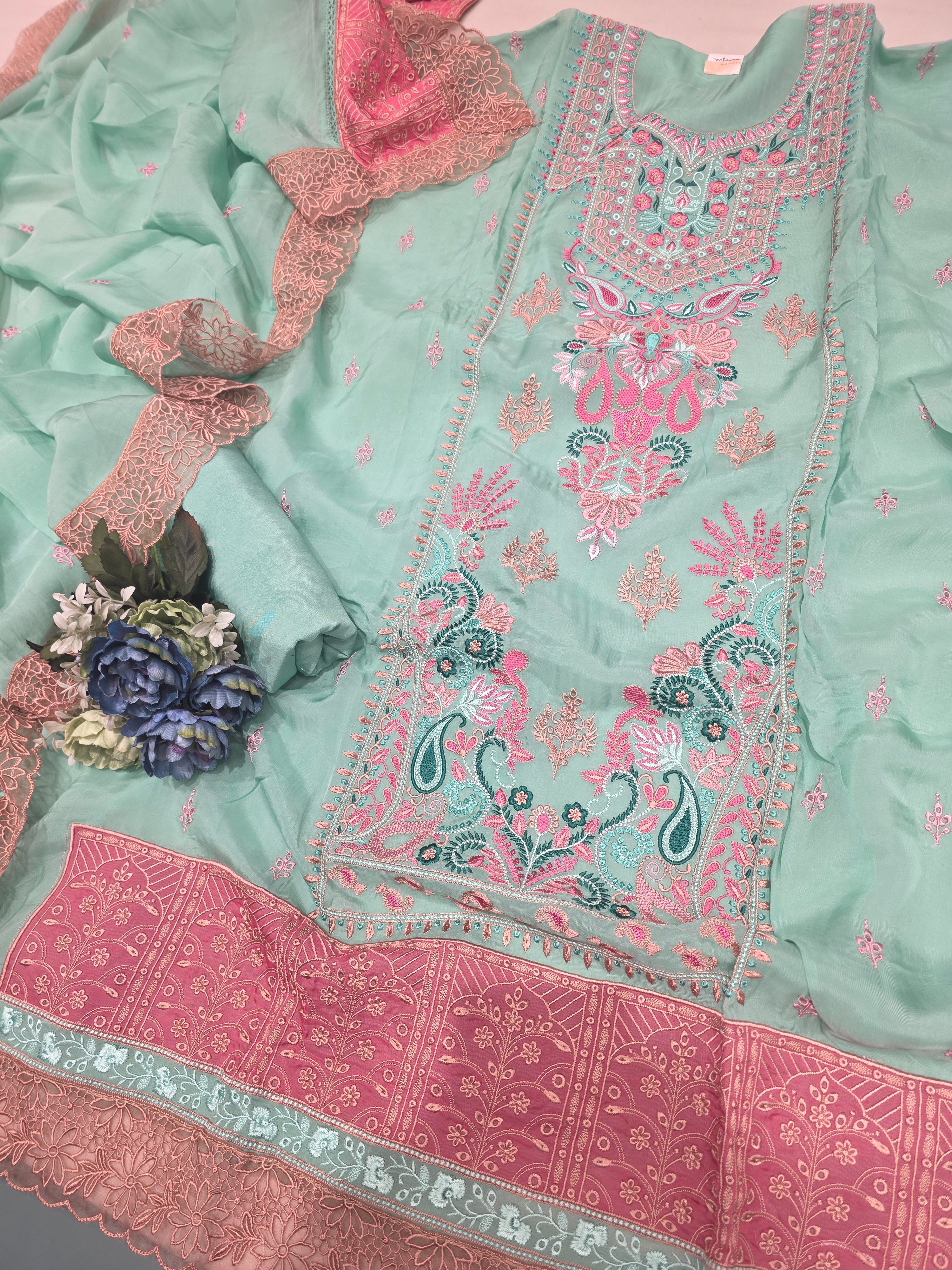 Organza Threadwork Unstitched Suit