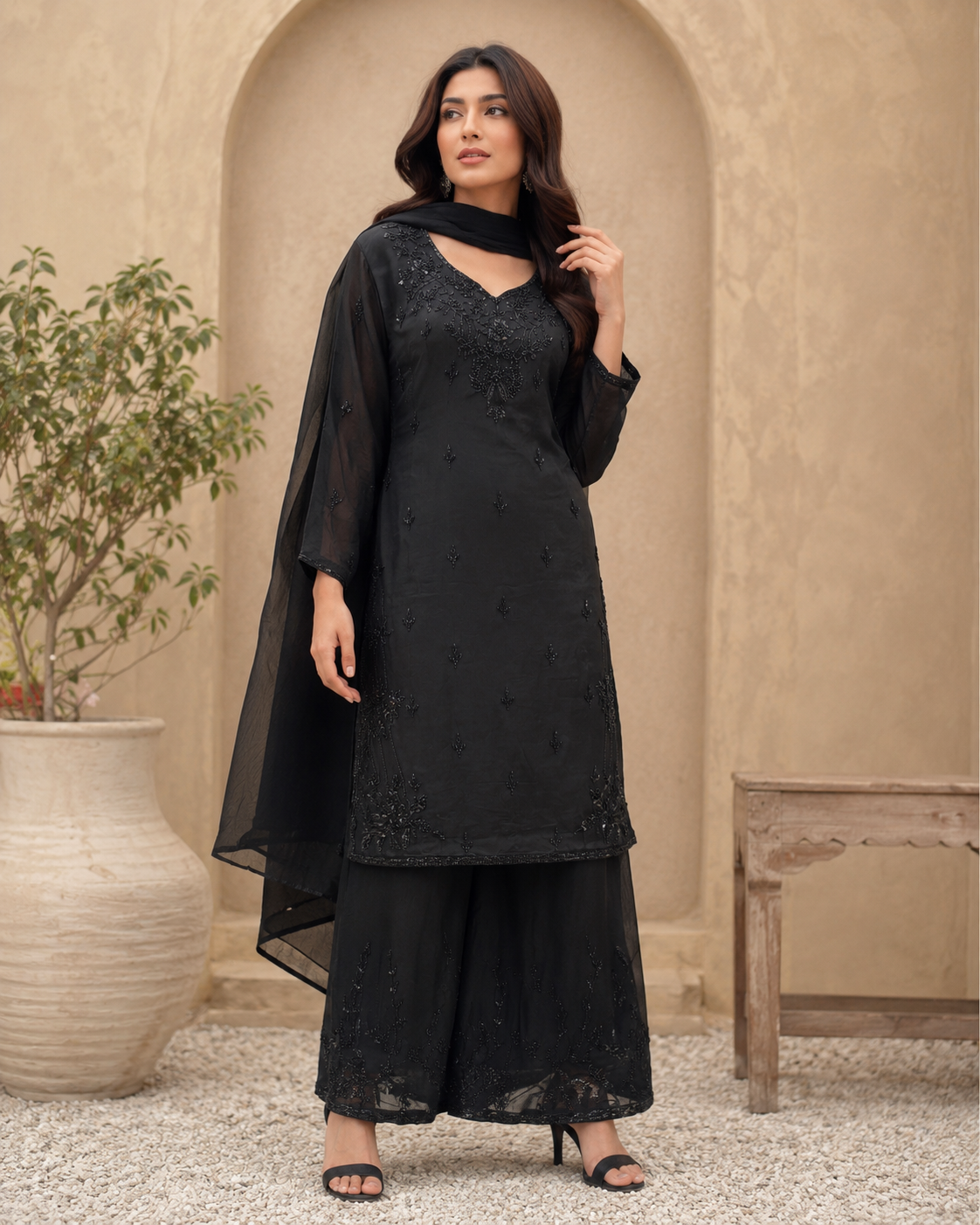 BLACK HANDWORK PARTYWEAR PLAZZO SUIT