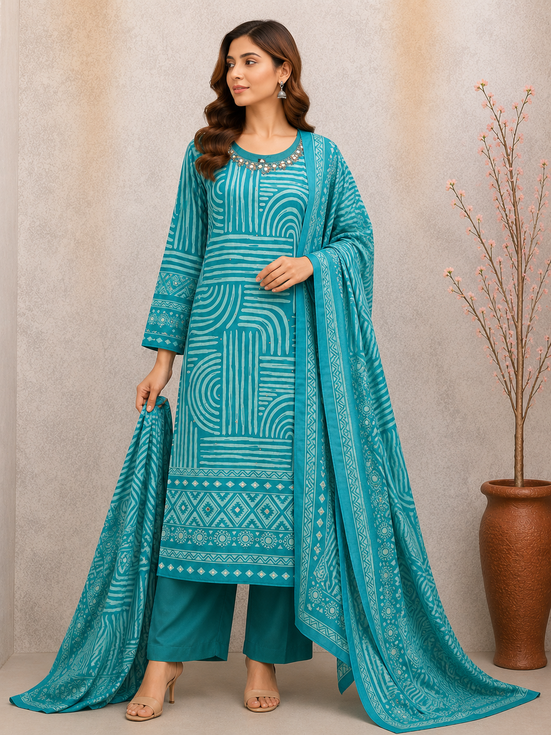 FIROZI CAMBRIC COTTON NECK WORK PLAZZO SUIT
