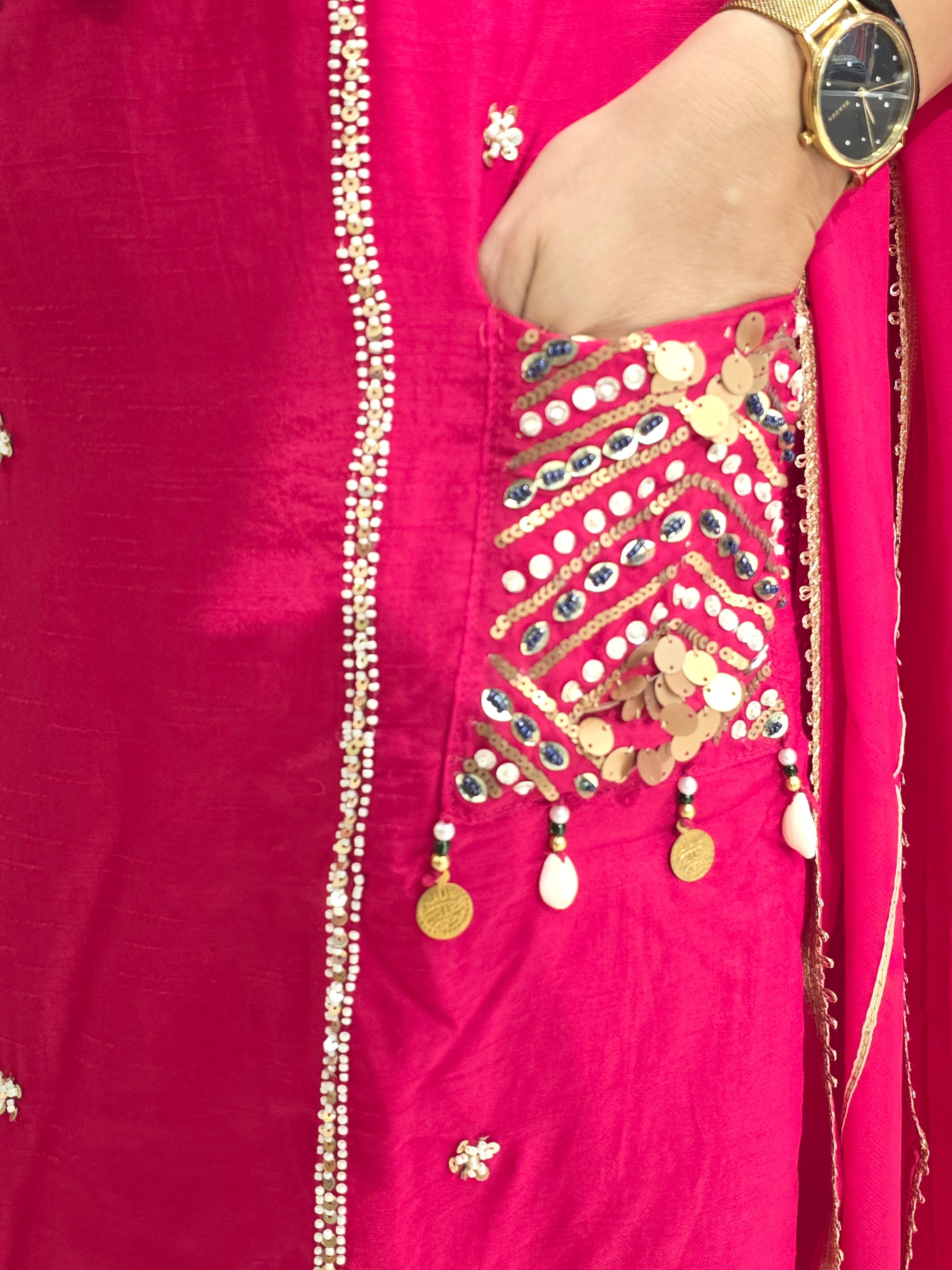 MAGENTA PARTYWEAR PLAZZO SUIT WITH SEQUIN AND BEADS WORK
